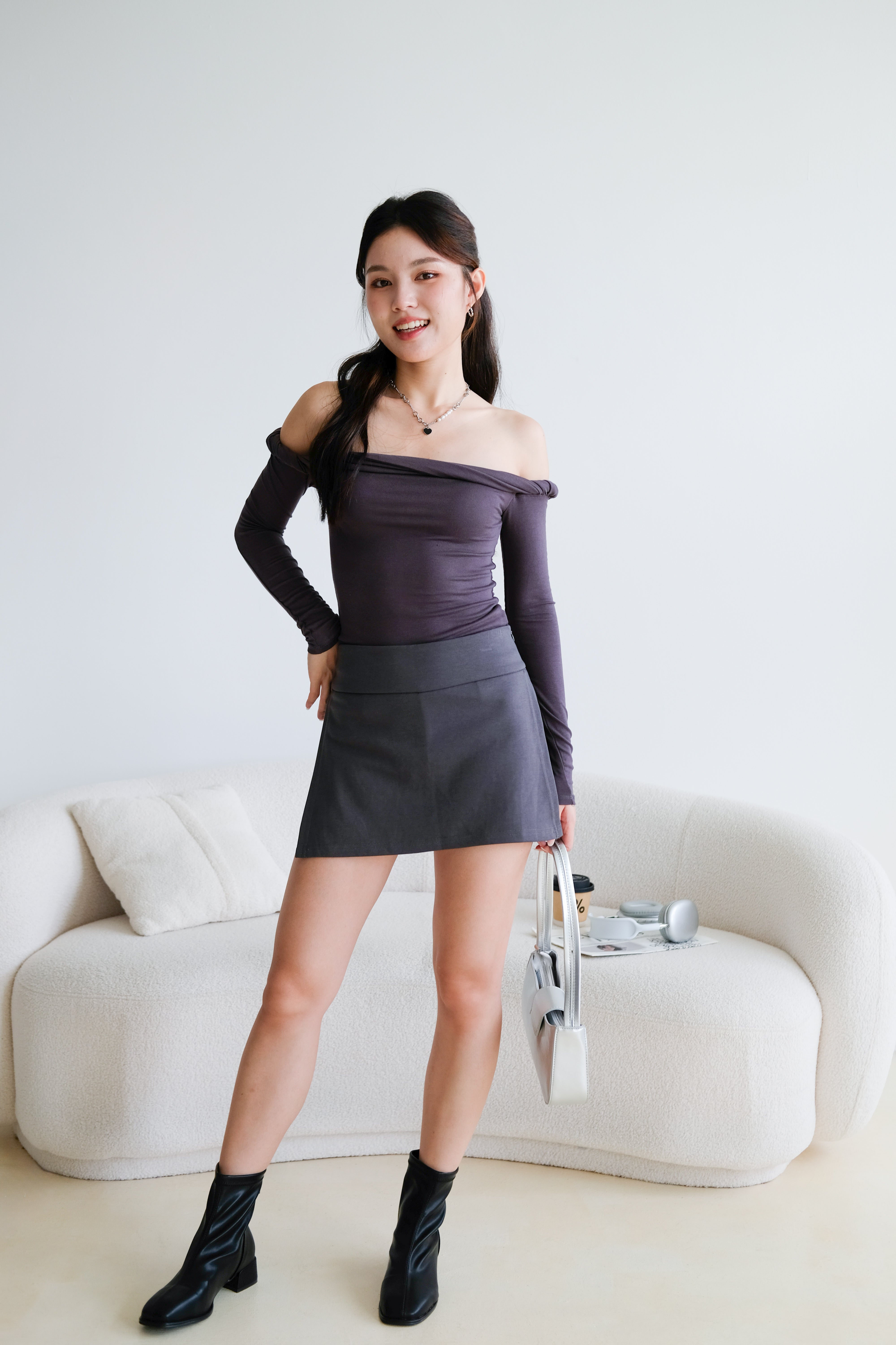 Level Up Twist Off Shoulder Top (Steel Grey)