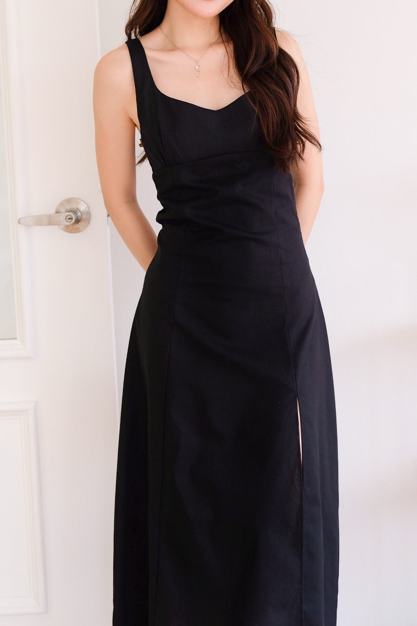Clover Linen Slit Dress (Black)