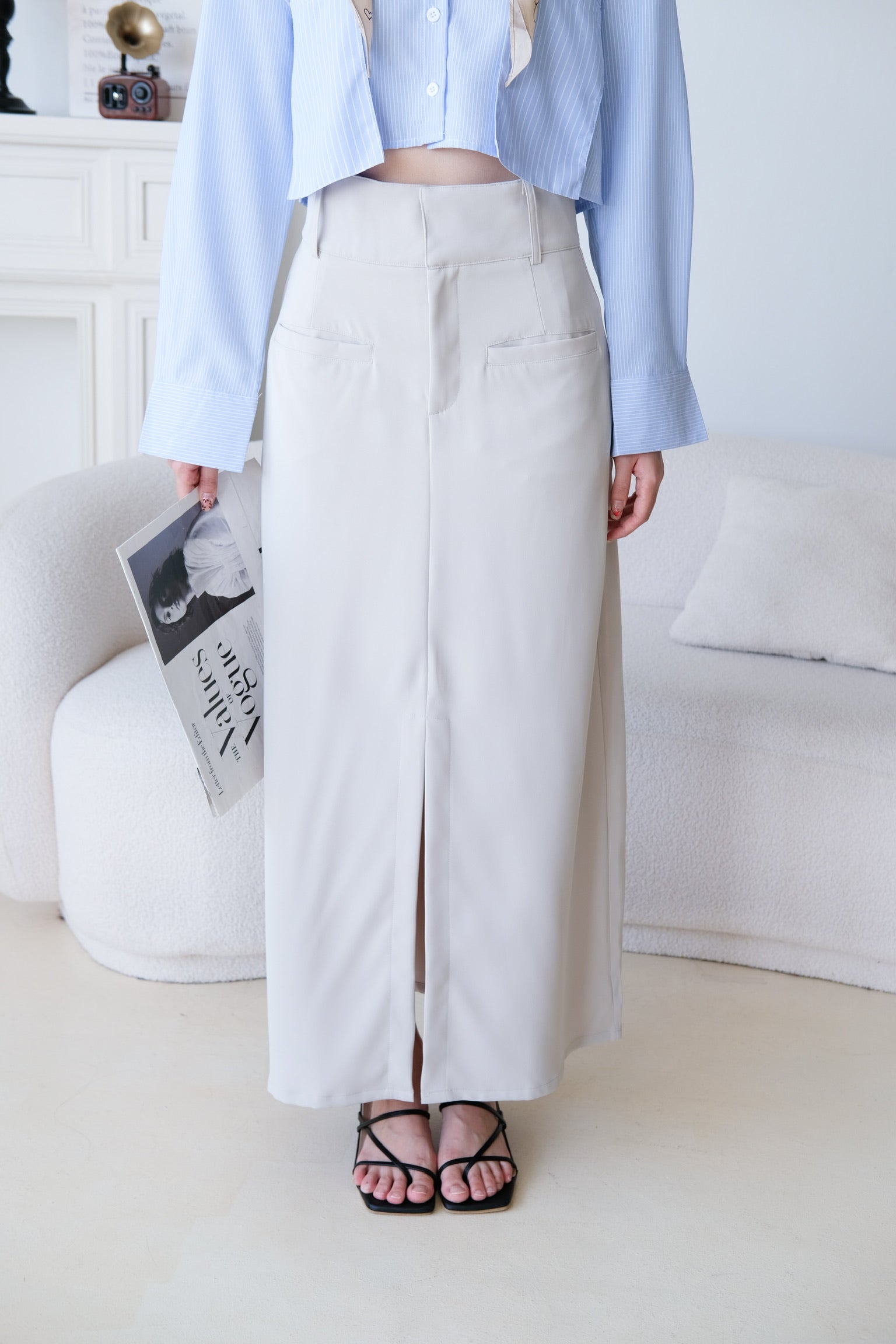 Josie Front Slit Maxi Straight Skirt (Cream)