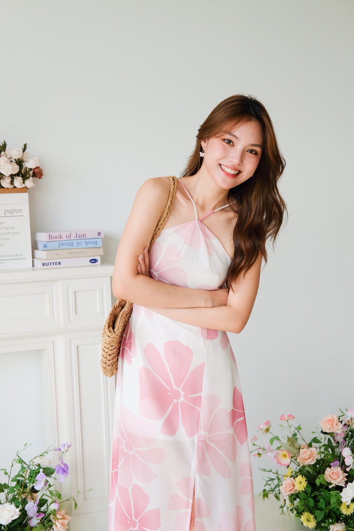 Reyna Floral Halter Slit Maxi Dress (Rouge Pink)