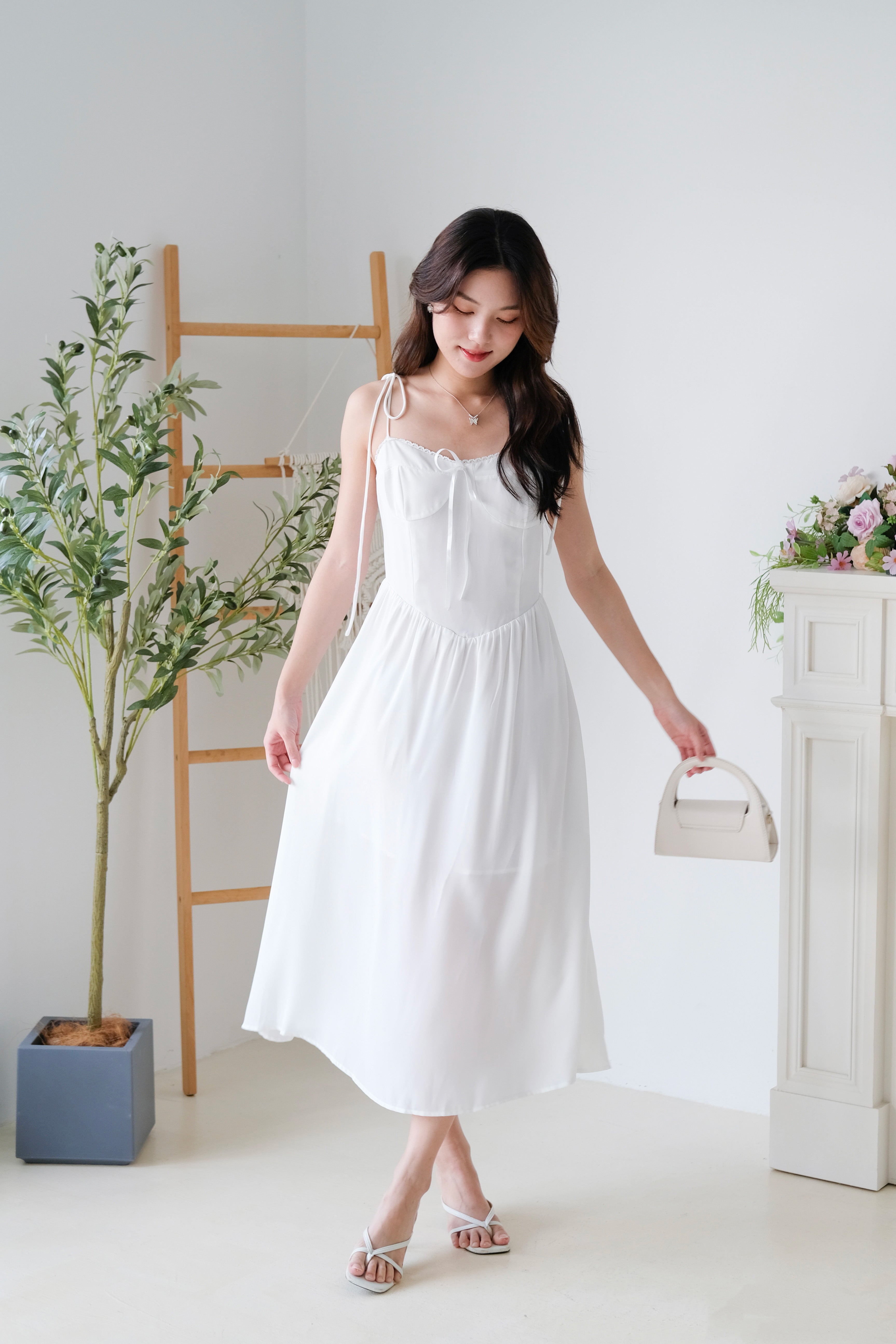 Rowena Coquette Midi Dress (White)