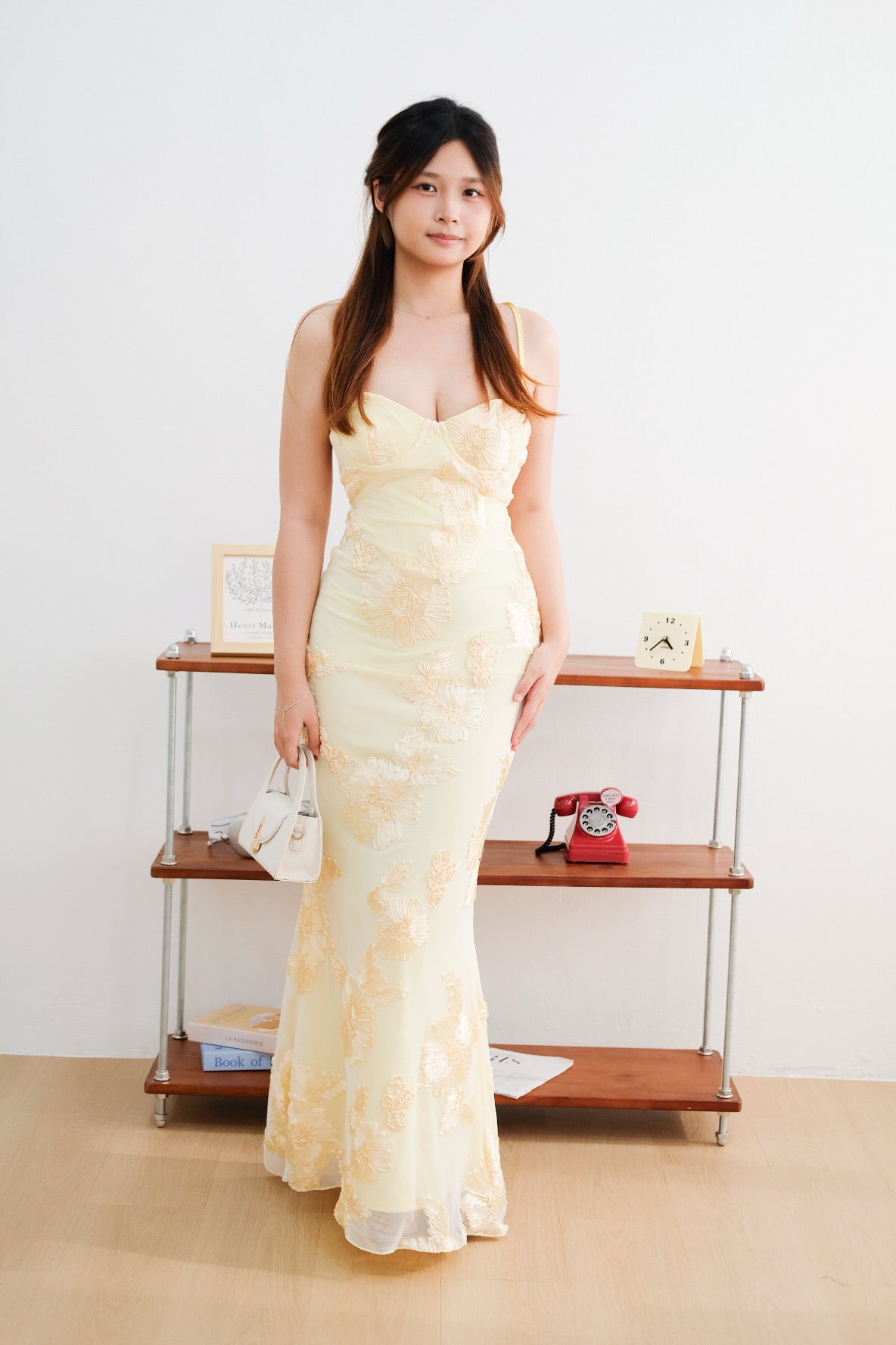Yellow Floral Embroidered Mesh Maxi Dress