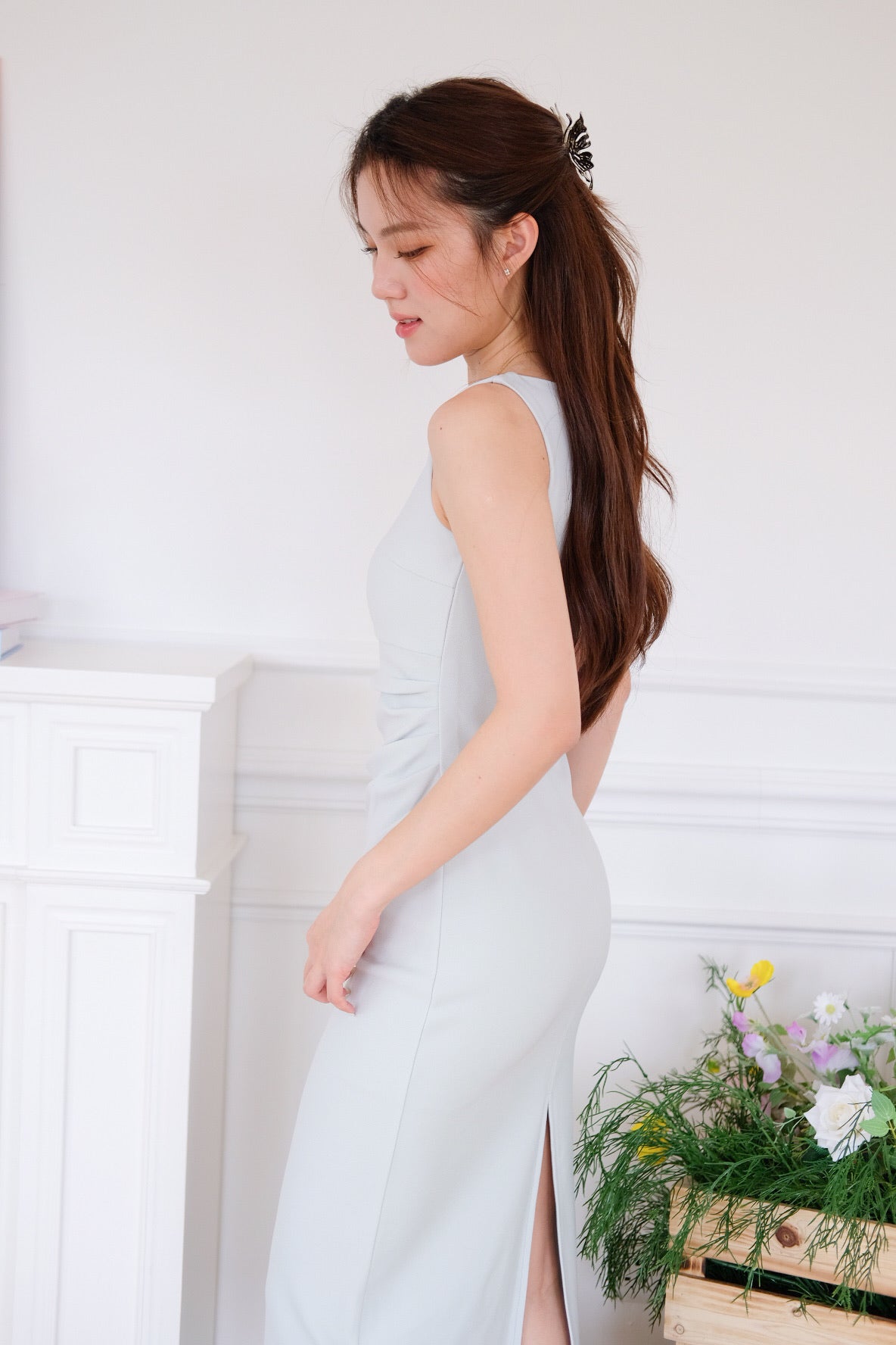 Felicia Boatneck Ruched Maxi Dress (Light Sage)