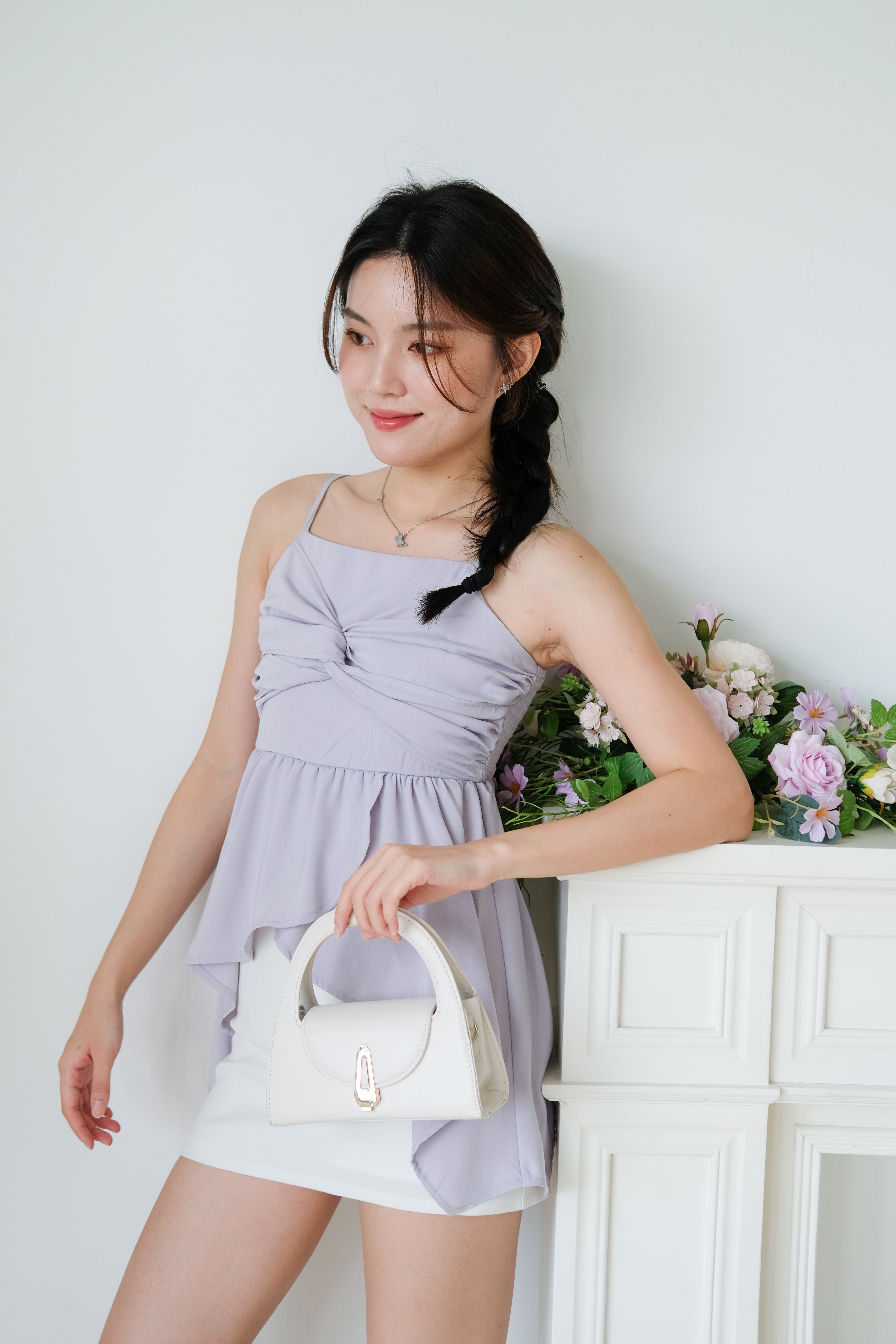 Natalie Twist Ruffle Asymmetrical Top (Dusty Purple)