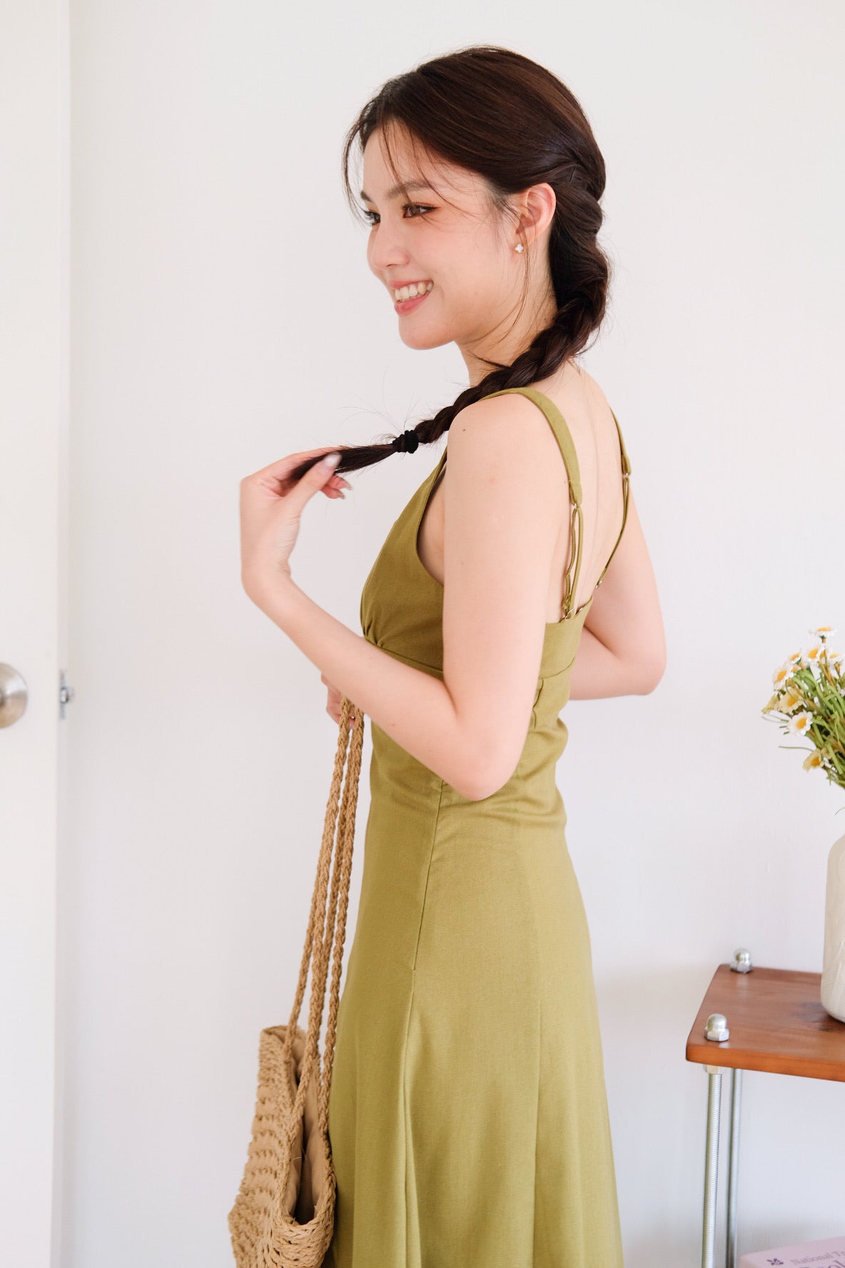 Clover Linen Slit Dress (Olive Green)