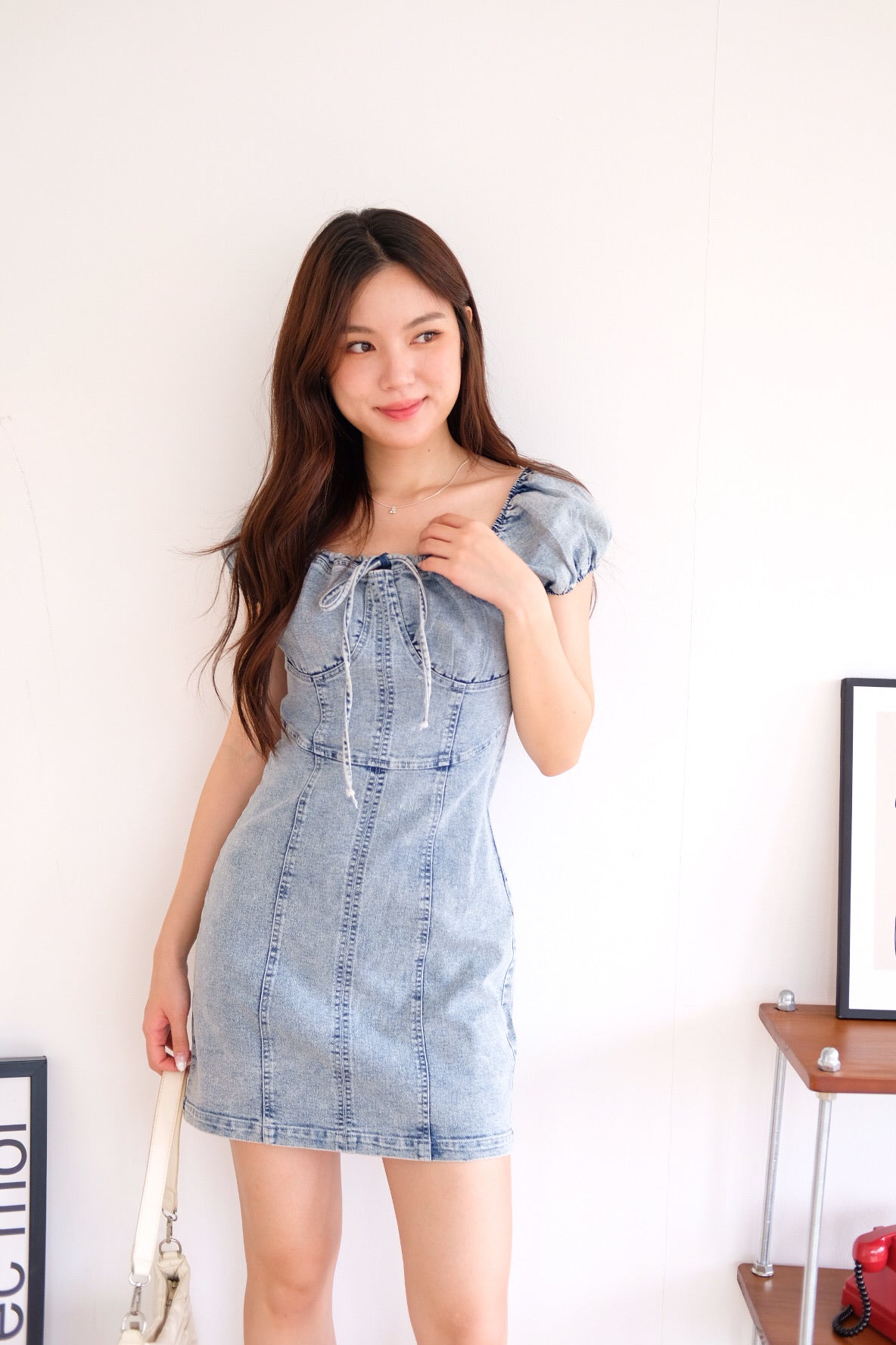 Celeste Ribbon Denim Dress (Light Blue)
