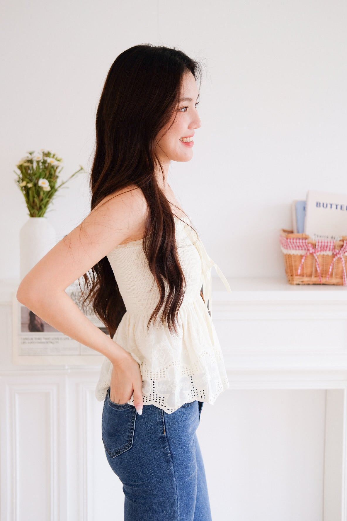 Selina Smocked Ribbon Eyelet Top (Light Yellow)