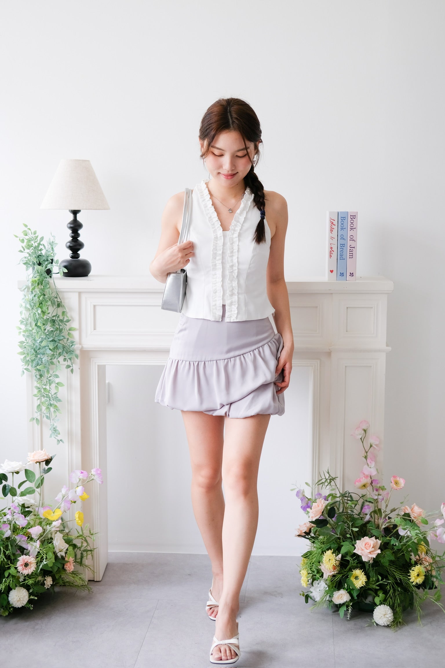 Evangeline Frills V Neck Top (White)