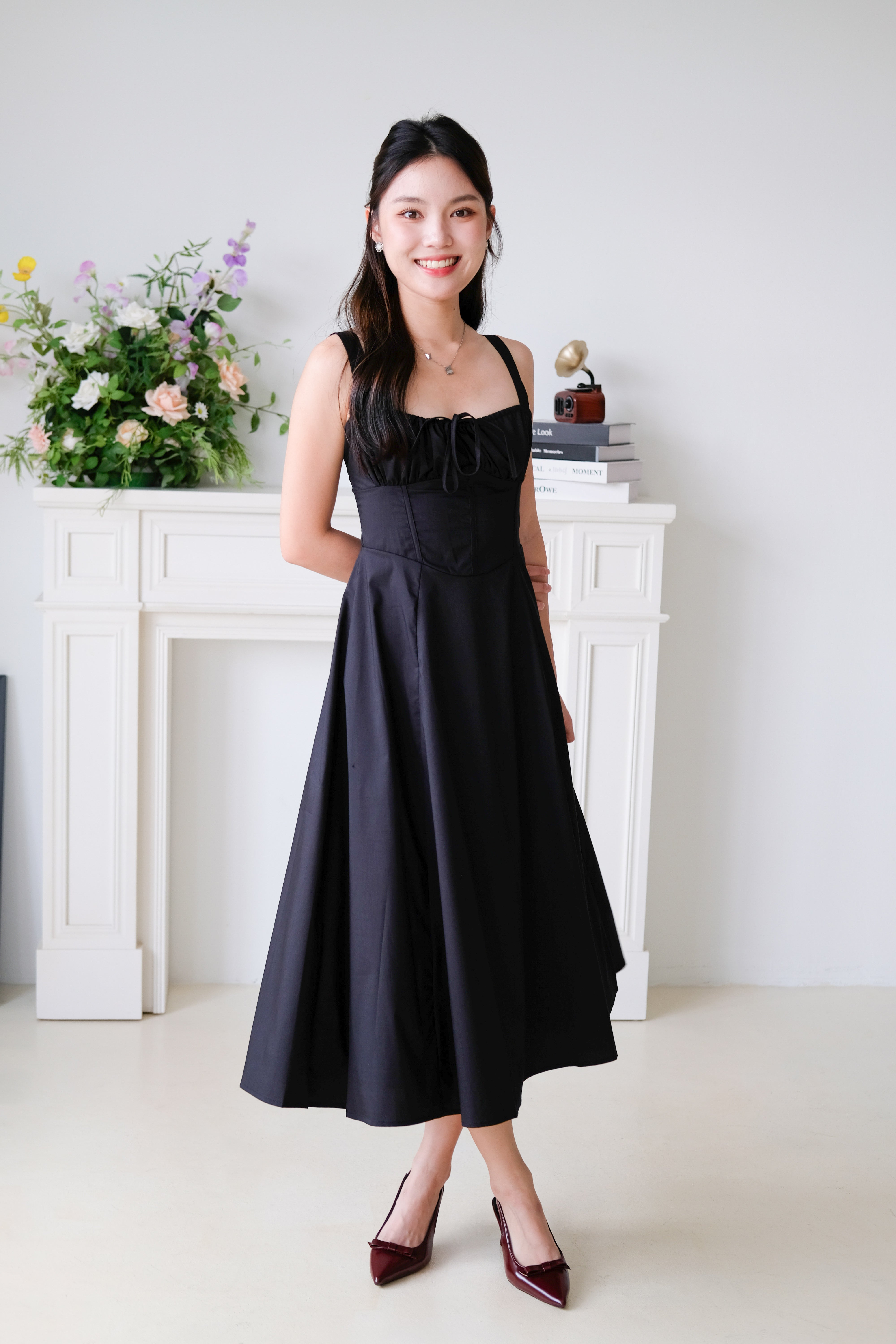 Claire Ruched Slit Midaxi Dress (Black)
