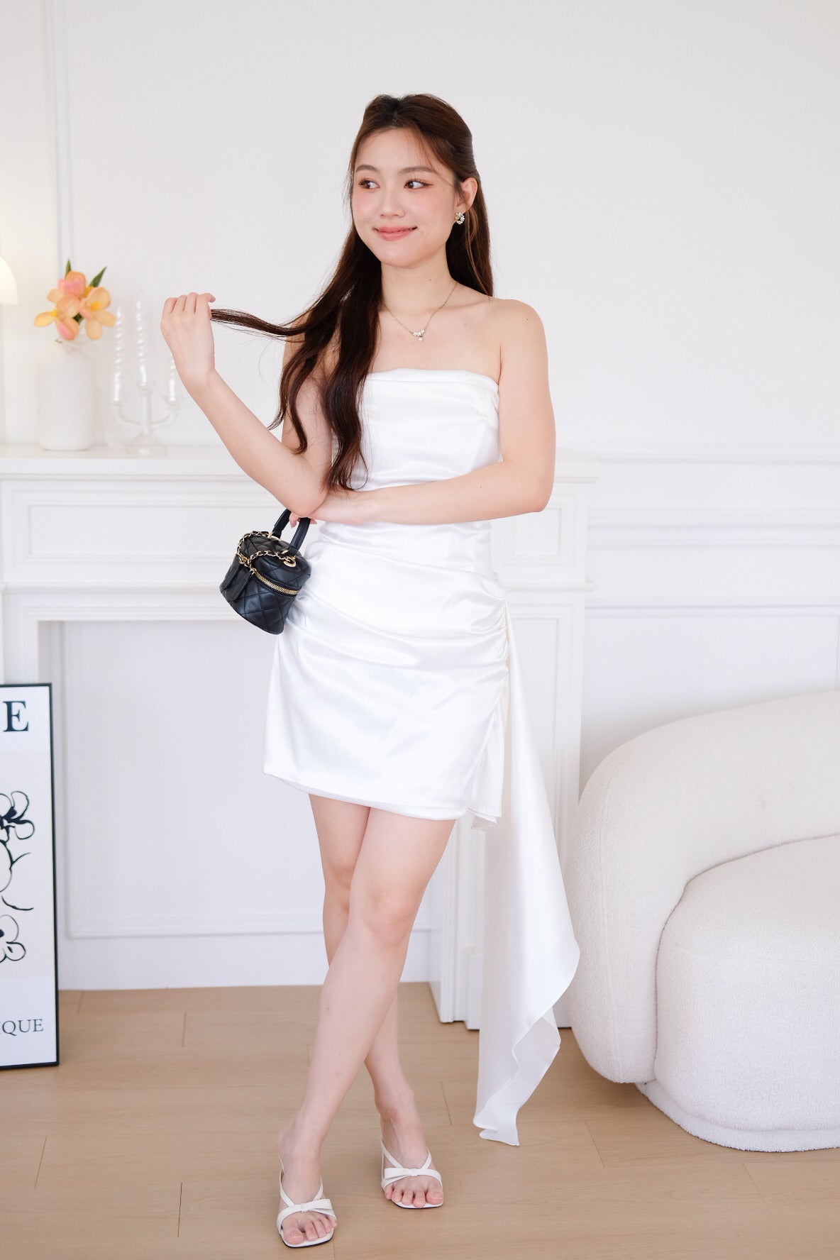 Gabriella Ruched Tube Satin Mini Dress (White)