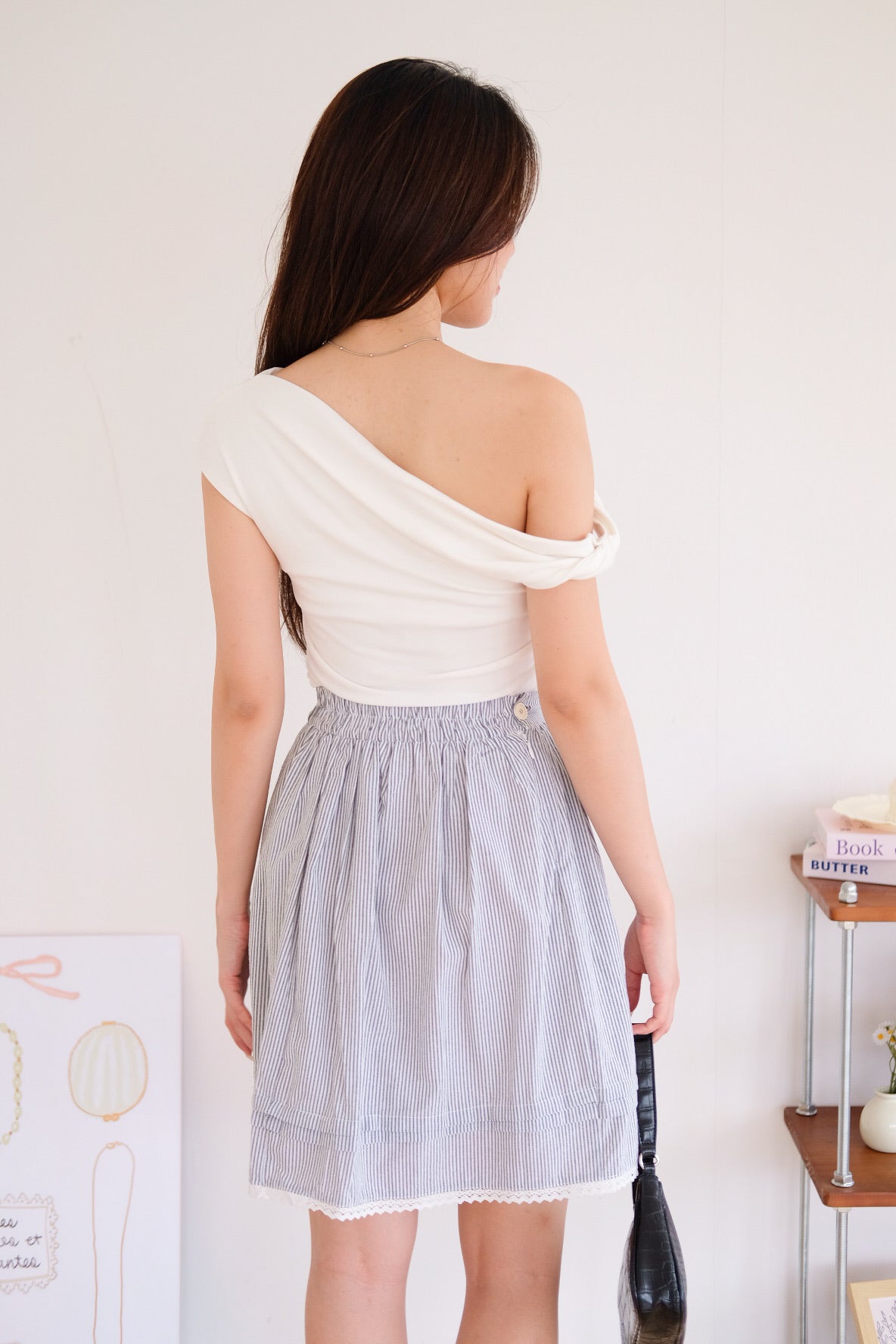 Reini Candy Stripes Knee Length Skirt (Black)
