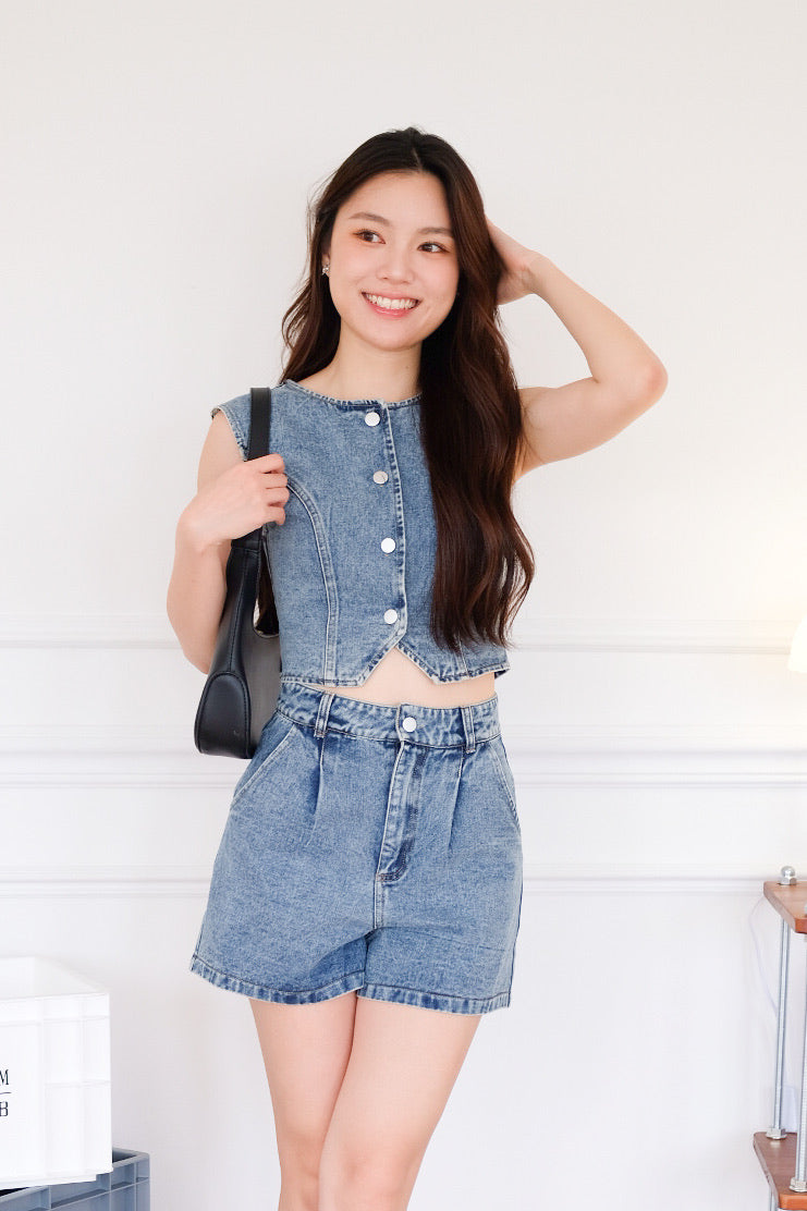 Velina Denim Vest Set (Light Blue)