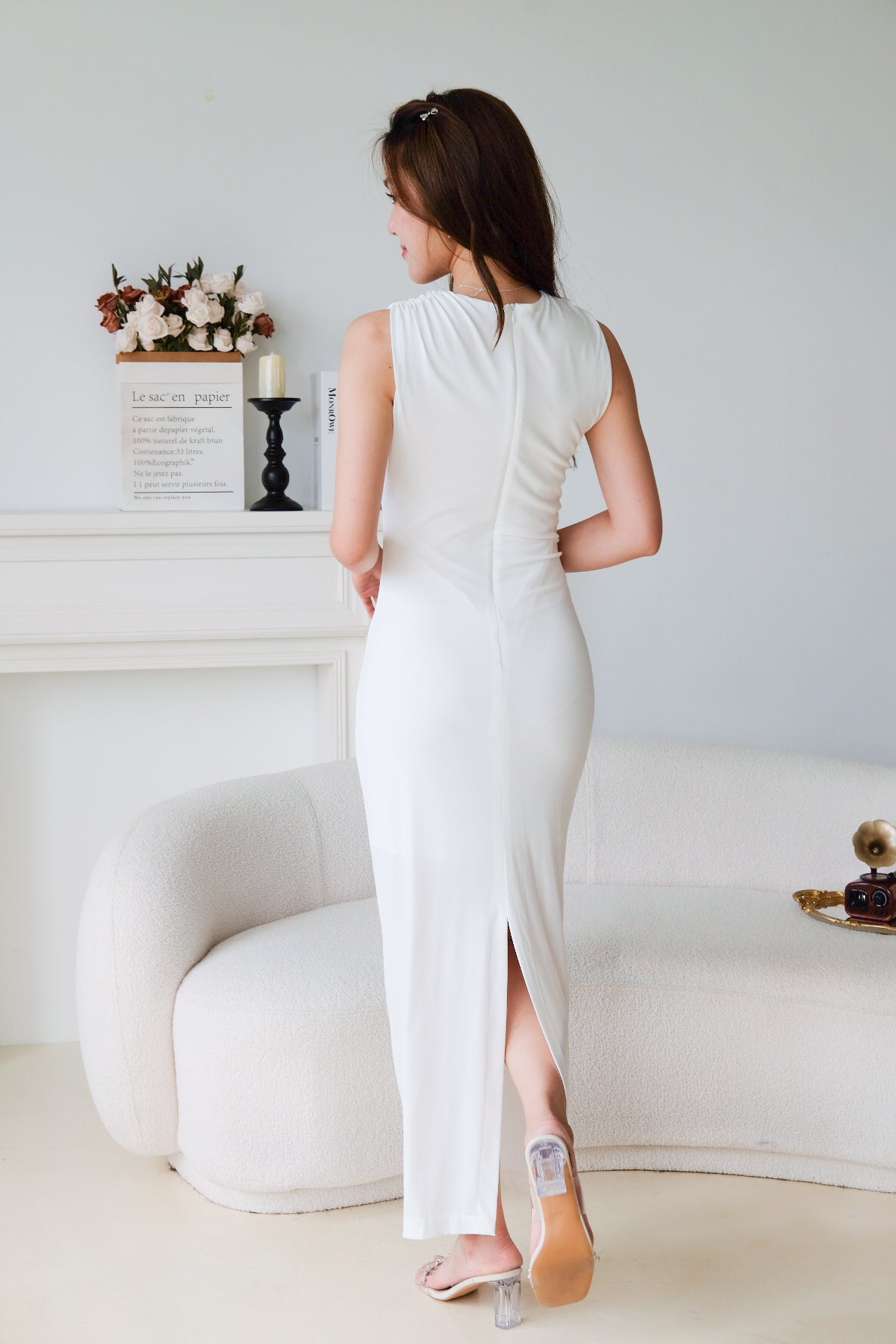 Paisley Ruched Jewel Bodycon Dress (White)