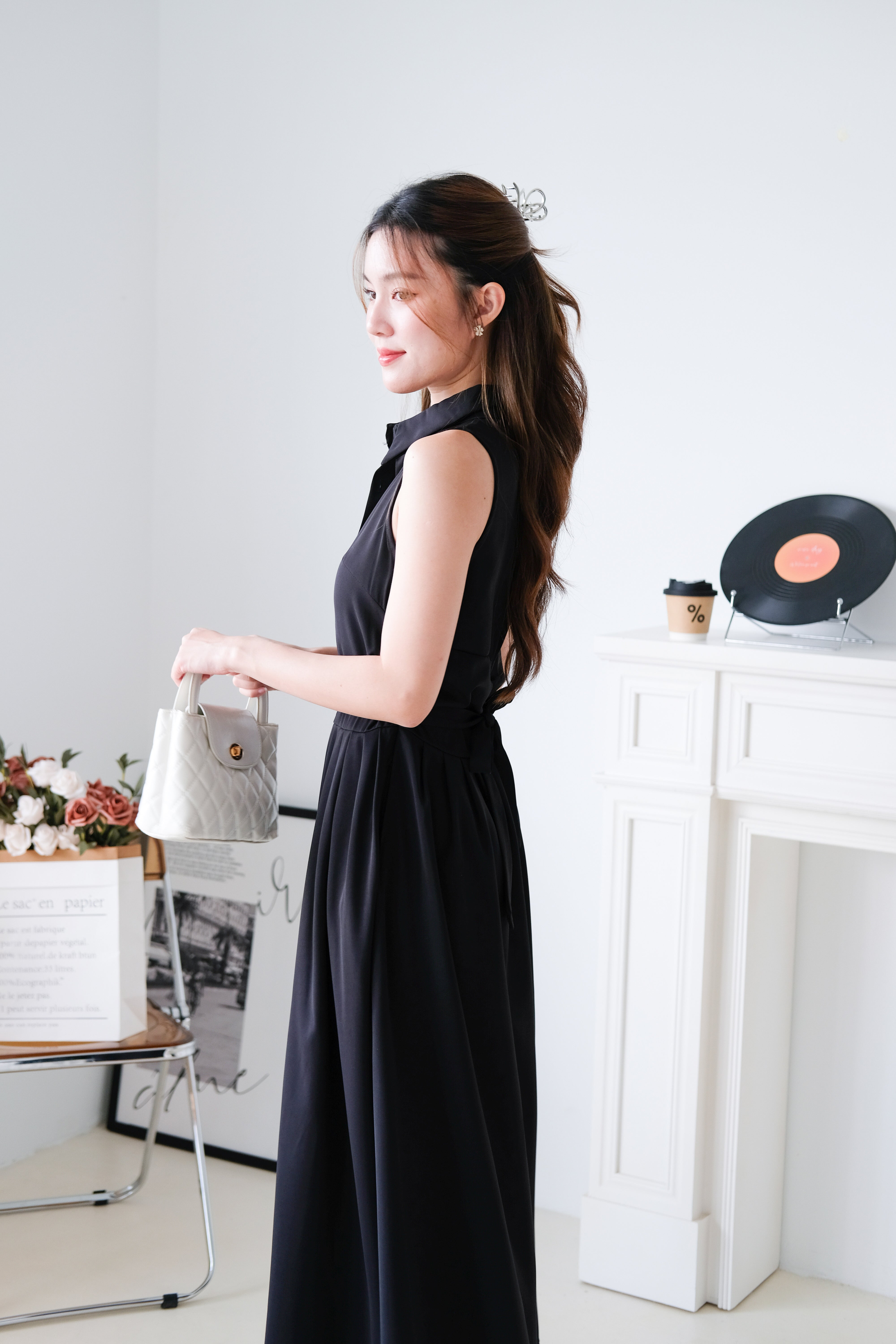 Camille Cinched Waist Collared Maxi Dress (Black)