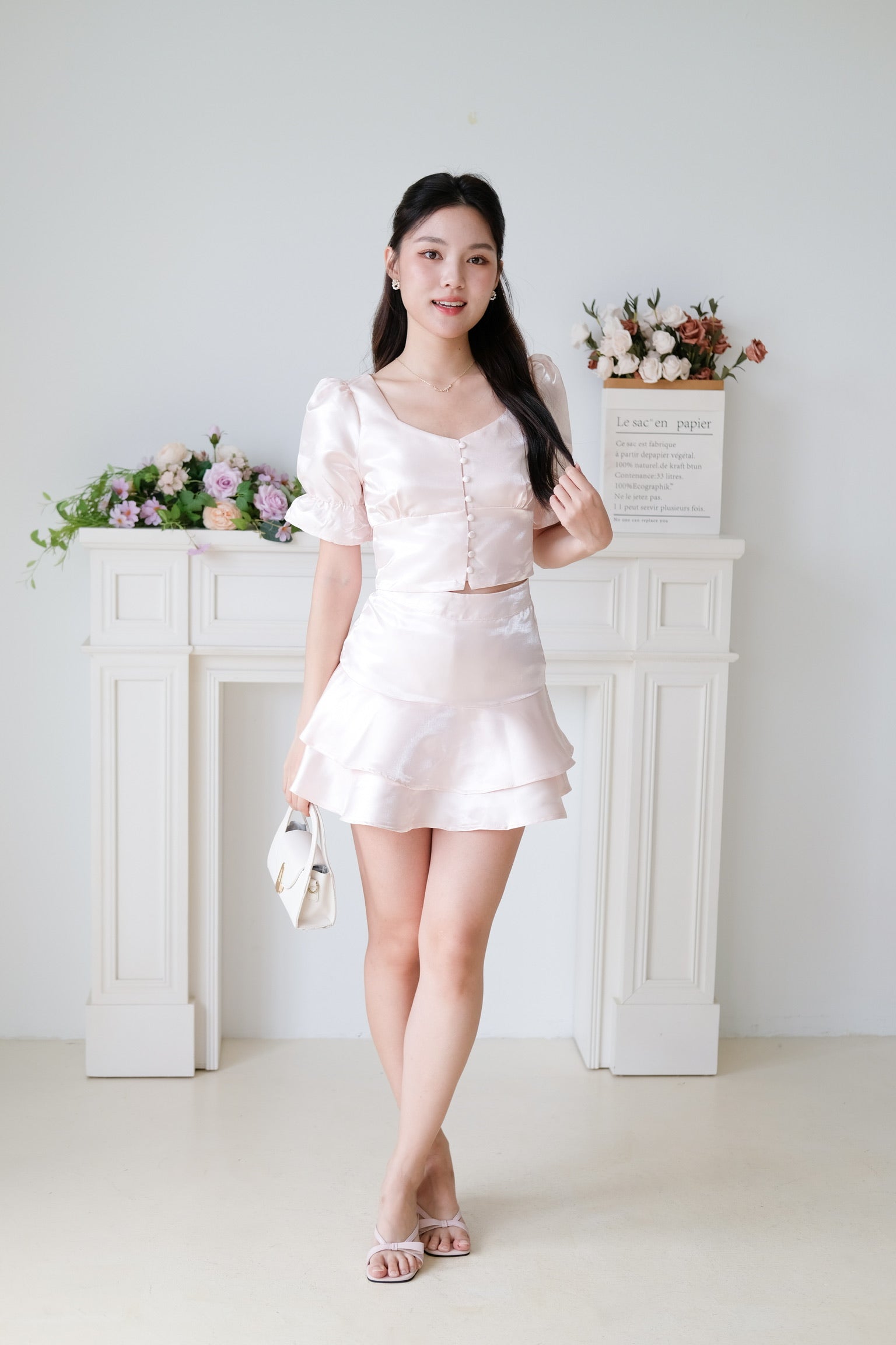 Lush Shimmer Satin Flare Set (Baby Pink)