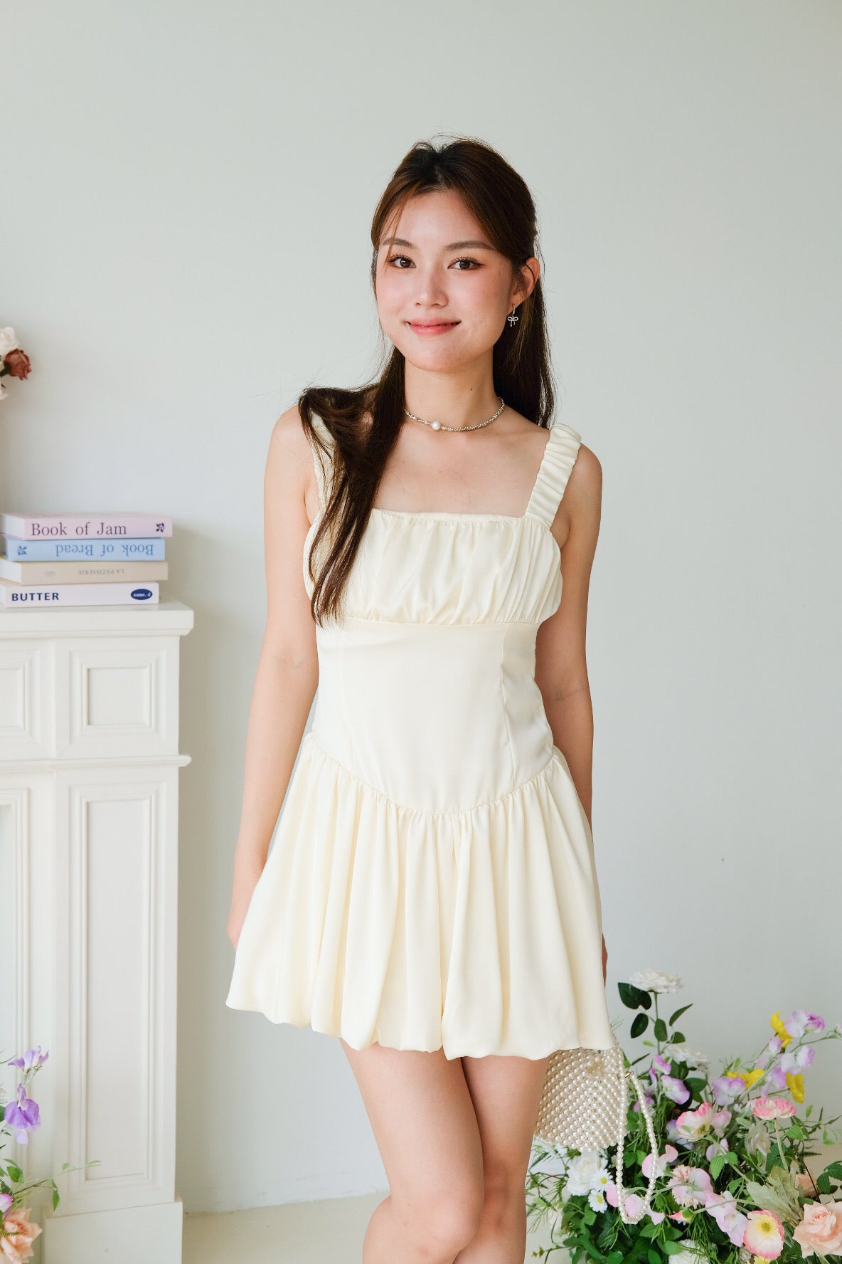 Alesha Ruched Bubble Skater Dress (Pale Yellow)