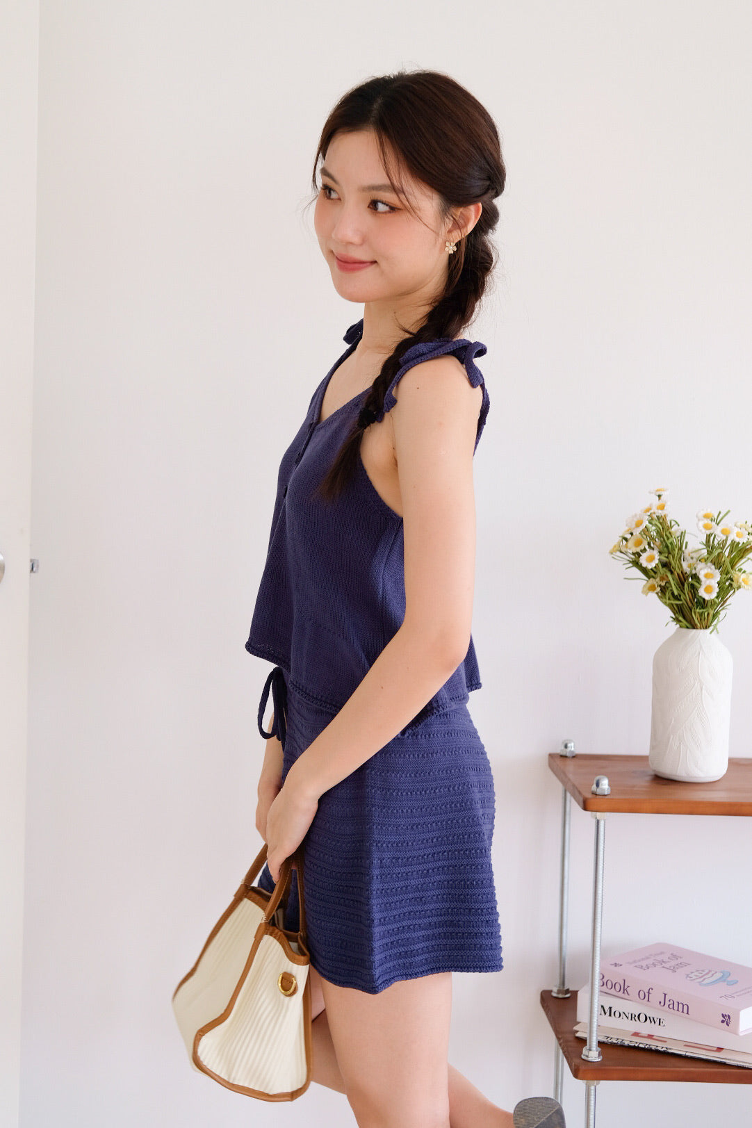 Gracie Self Tie Button Knit Top (Navy Blue)