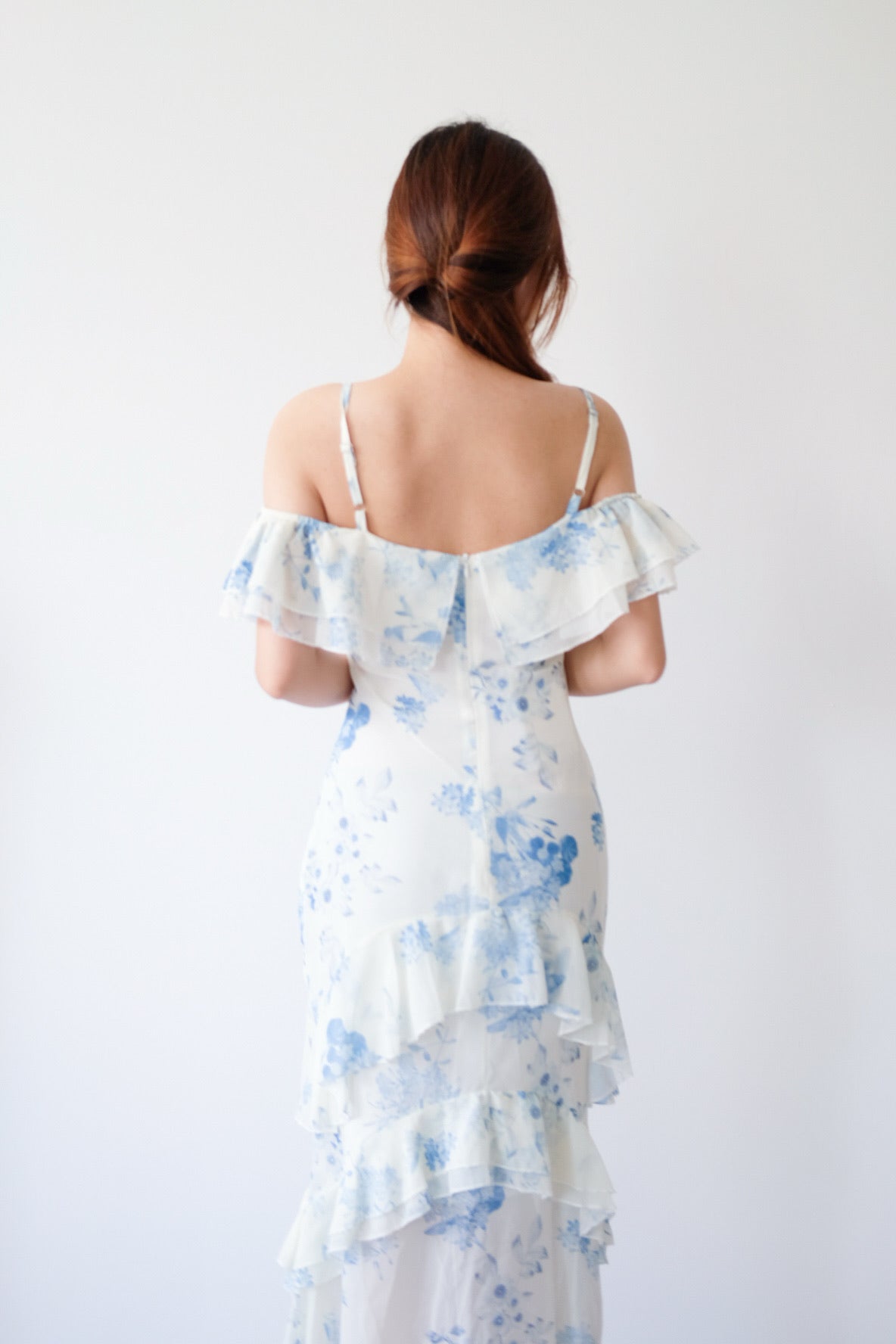 Blue Floral Off Shoulder Ruffle Maxi Dress