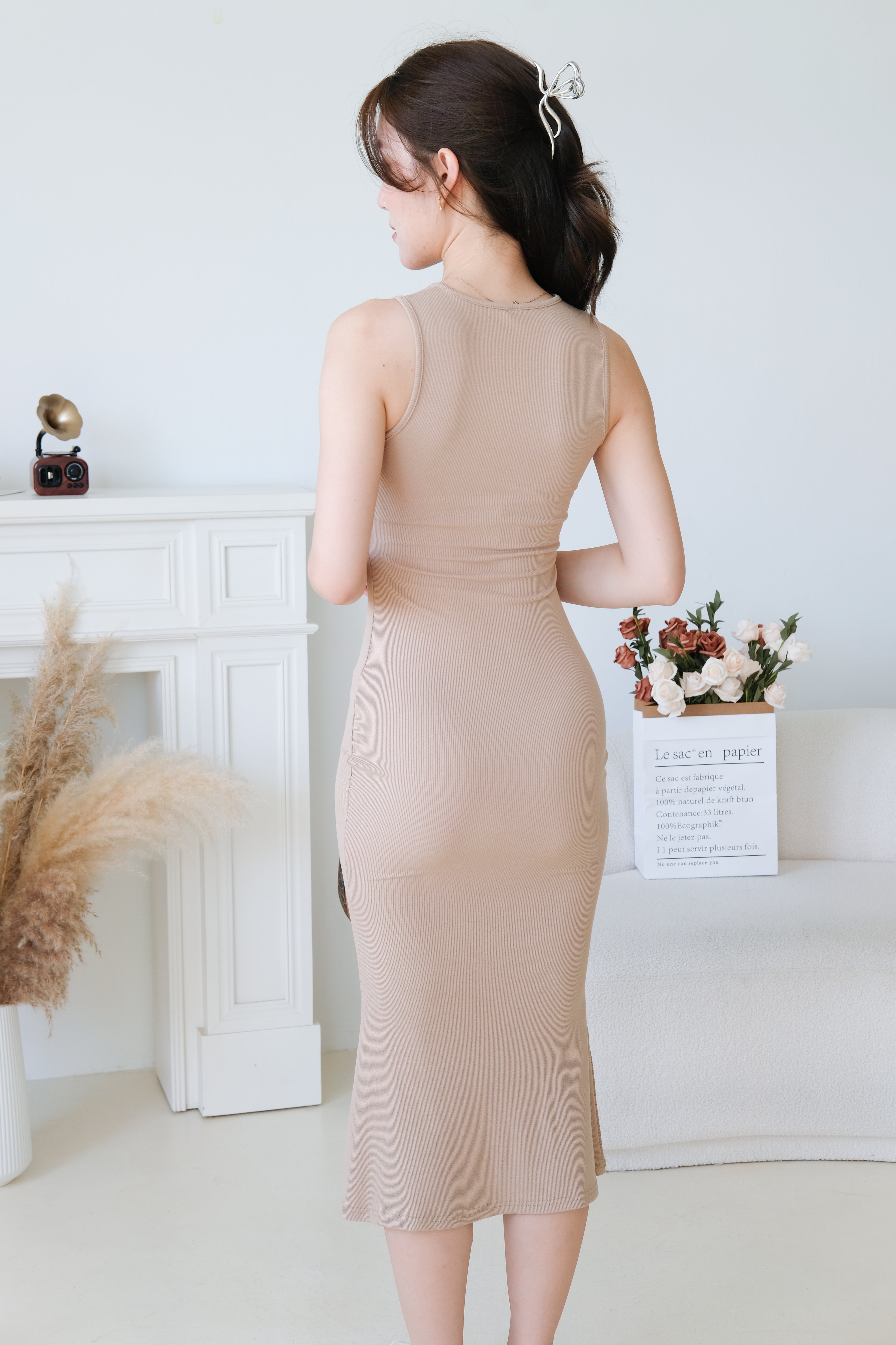 Stacey High Neck Bodycon Maxi Dress (Khaki)