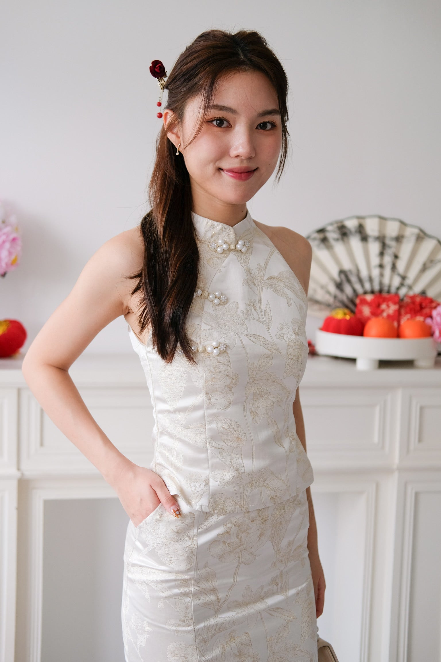 Yan Xi Halter Maxi Cheongsam Set (Cream Gold)