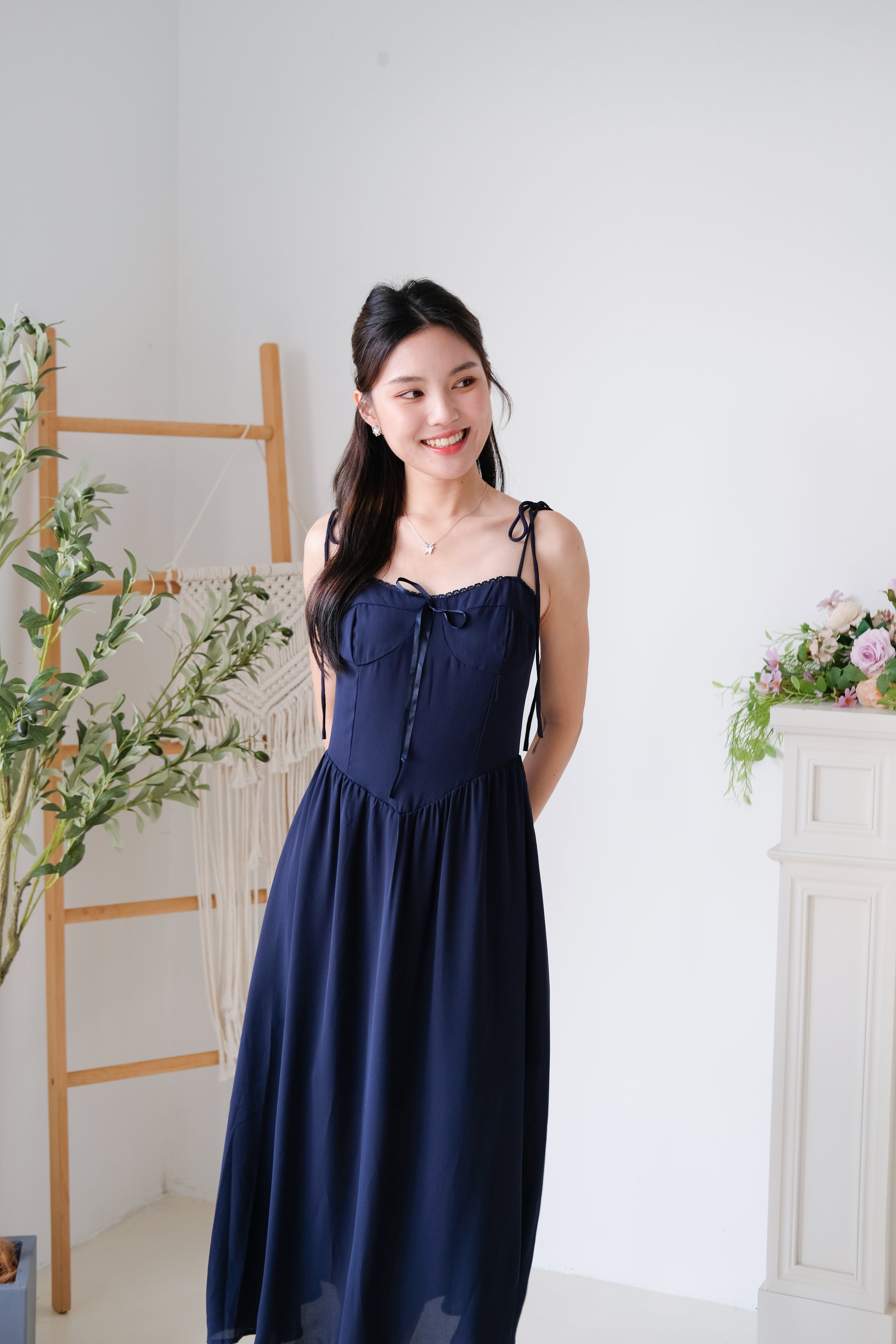 Rowena Coquette Midi Dress (Navy Blue)