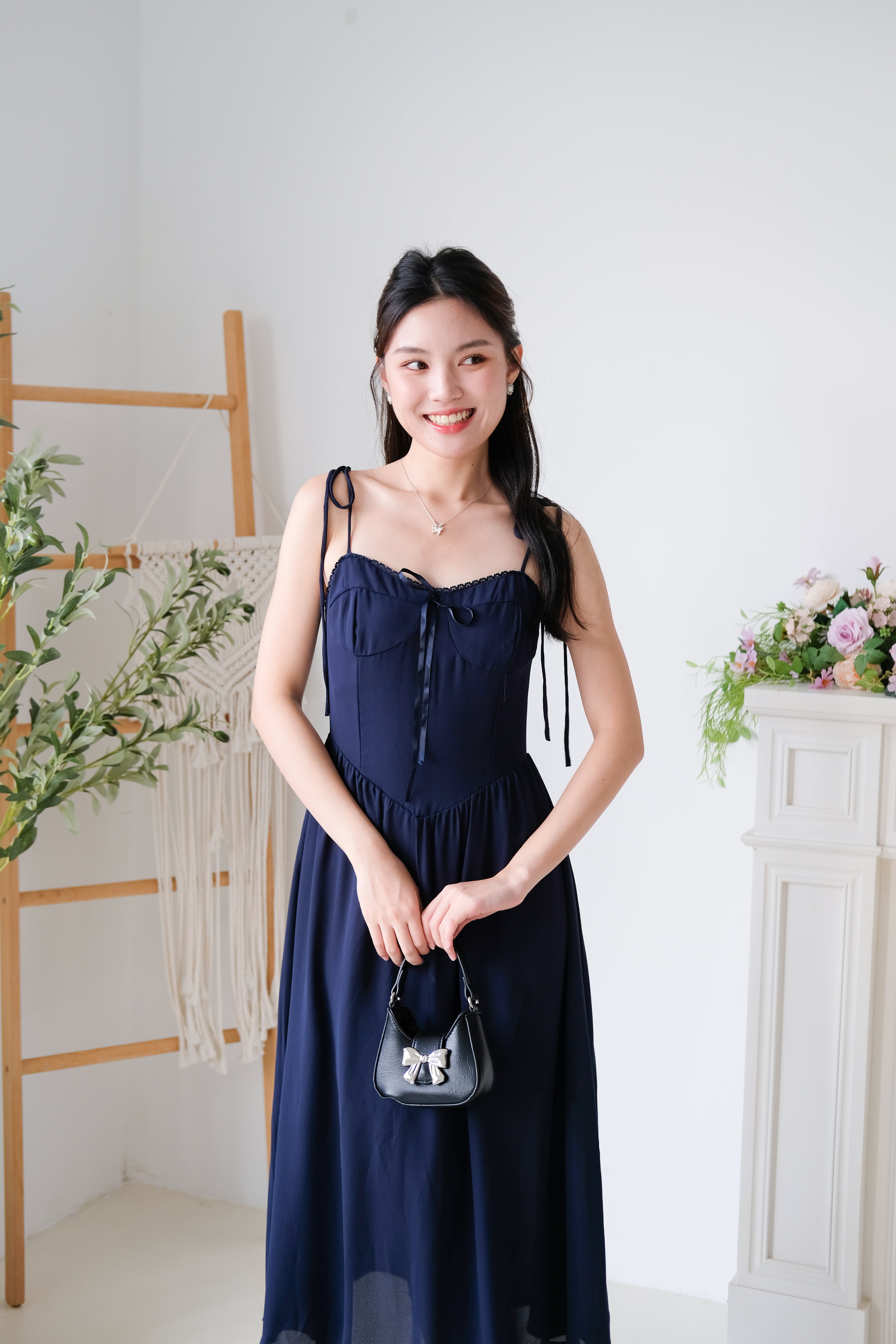 Rowena Coquette Midi Dress (Navy Blue)