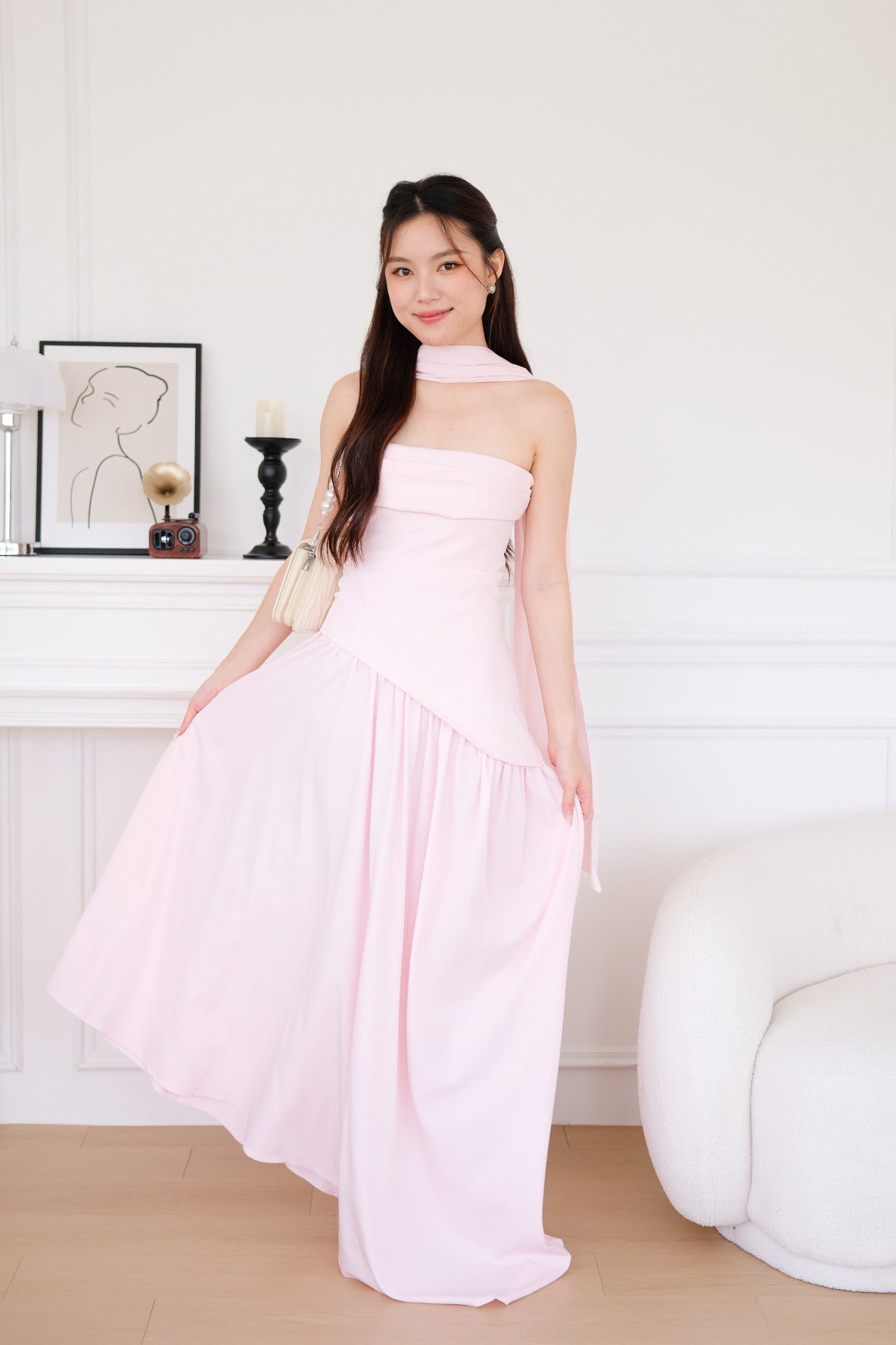 Kellie Asymmetrical Tube Maxi Dress (Baby Pink)