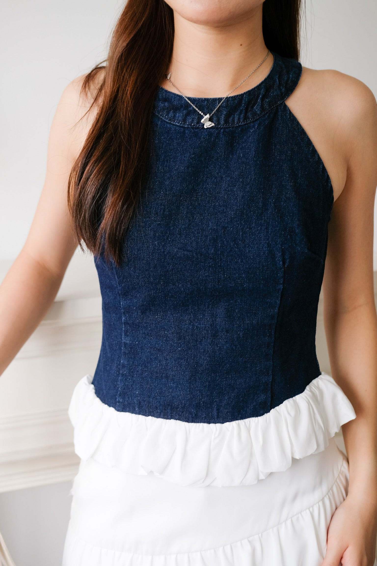 Lica Bubble Cloud Halter Denim Top (Dark Blue)