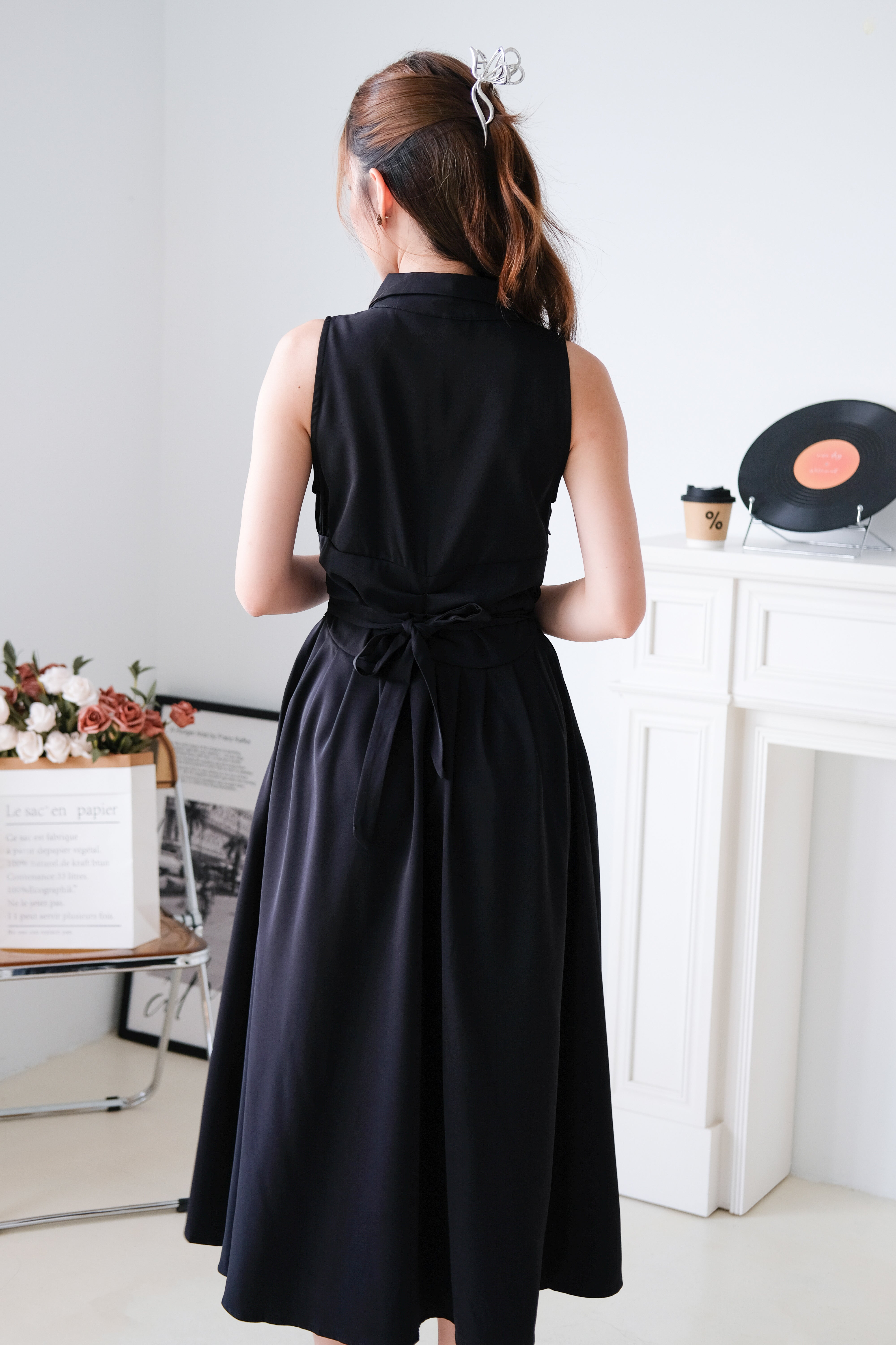 Camille Cinched Waist Collared Maxi Dress (Black)