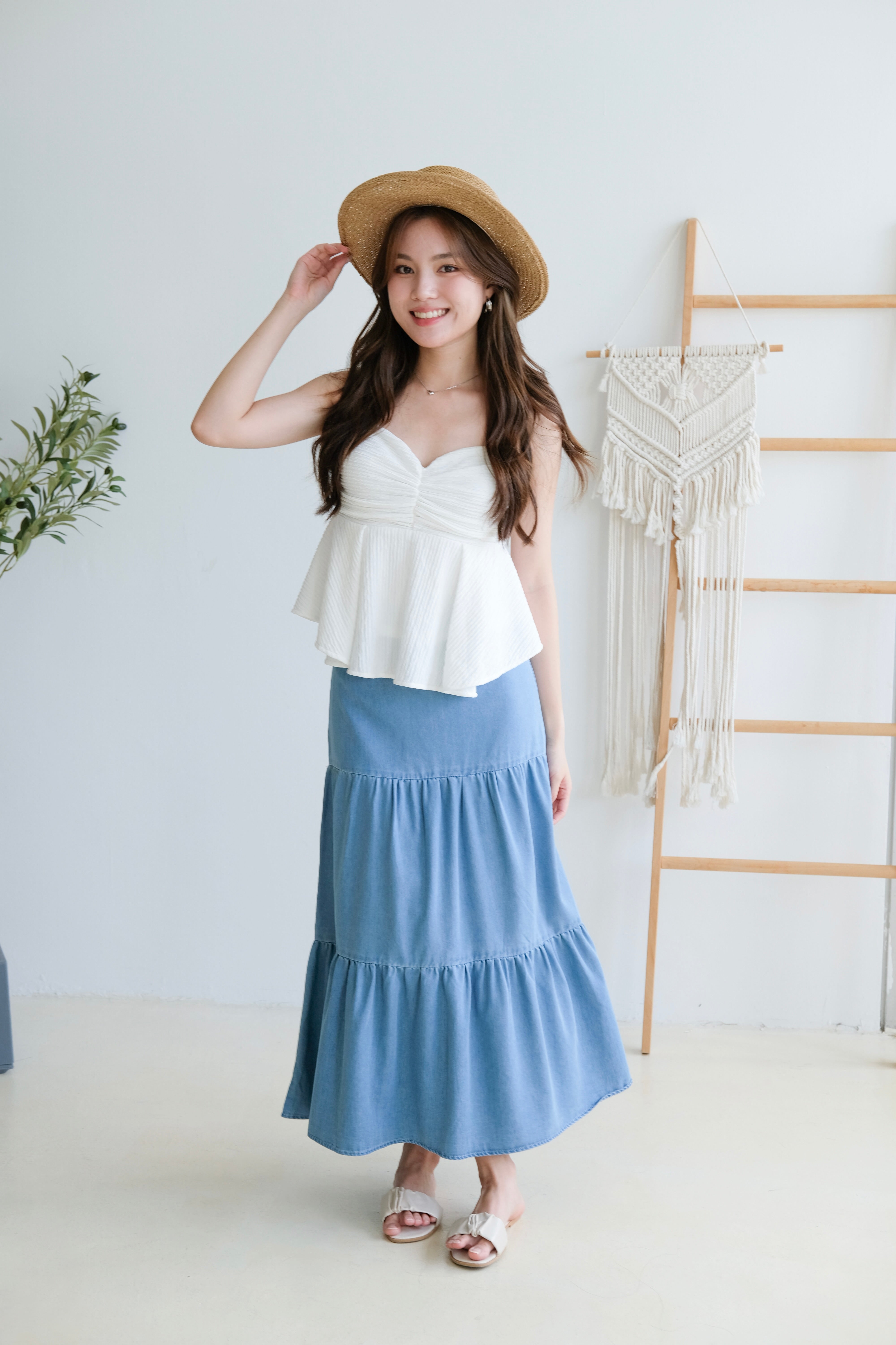 Sharon Tiered Denim Maxi Skirt (Light Blue)