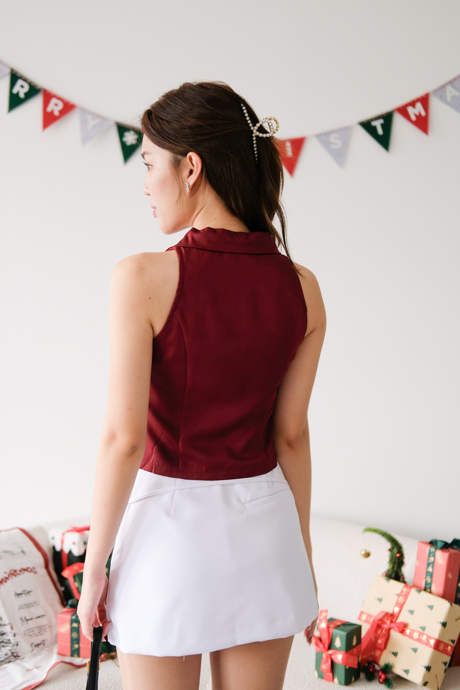 Naru Ruffle Collared Crop Top (Maroon)