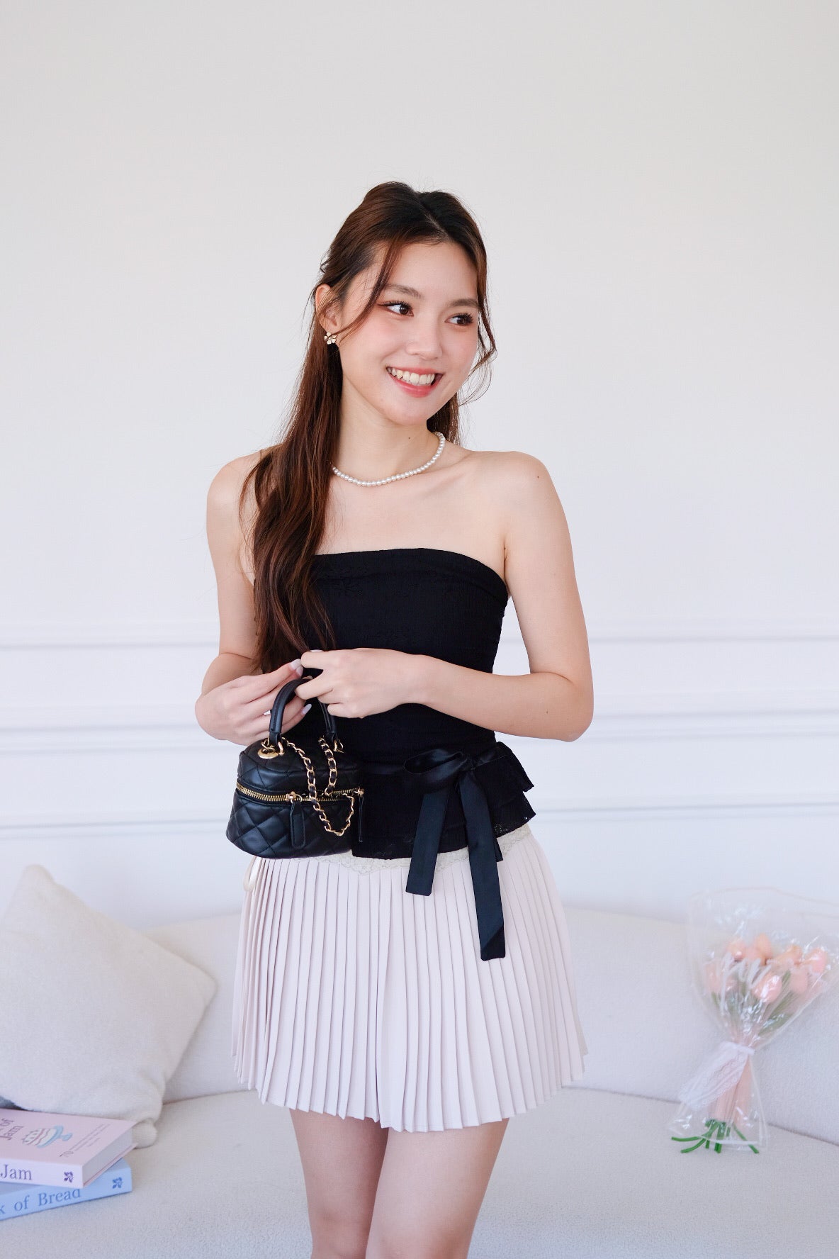 Cora Brocade Ribbon Tube Top (Black)