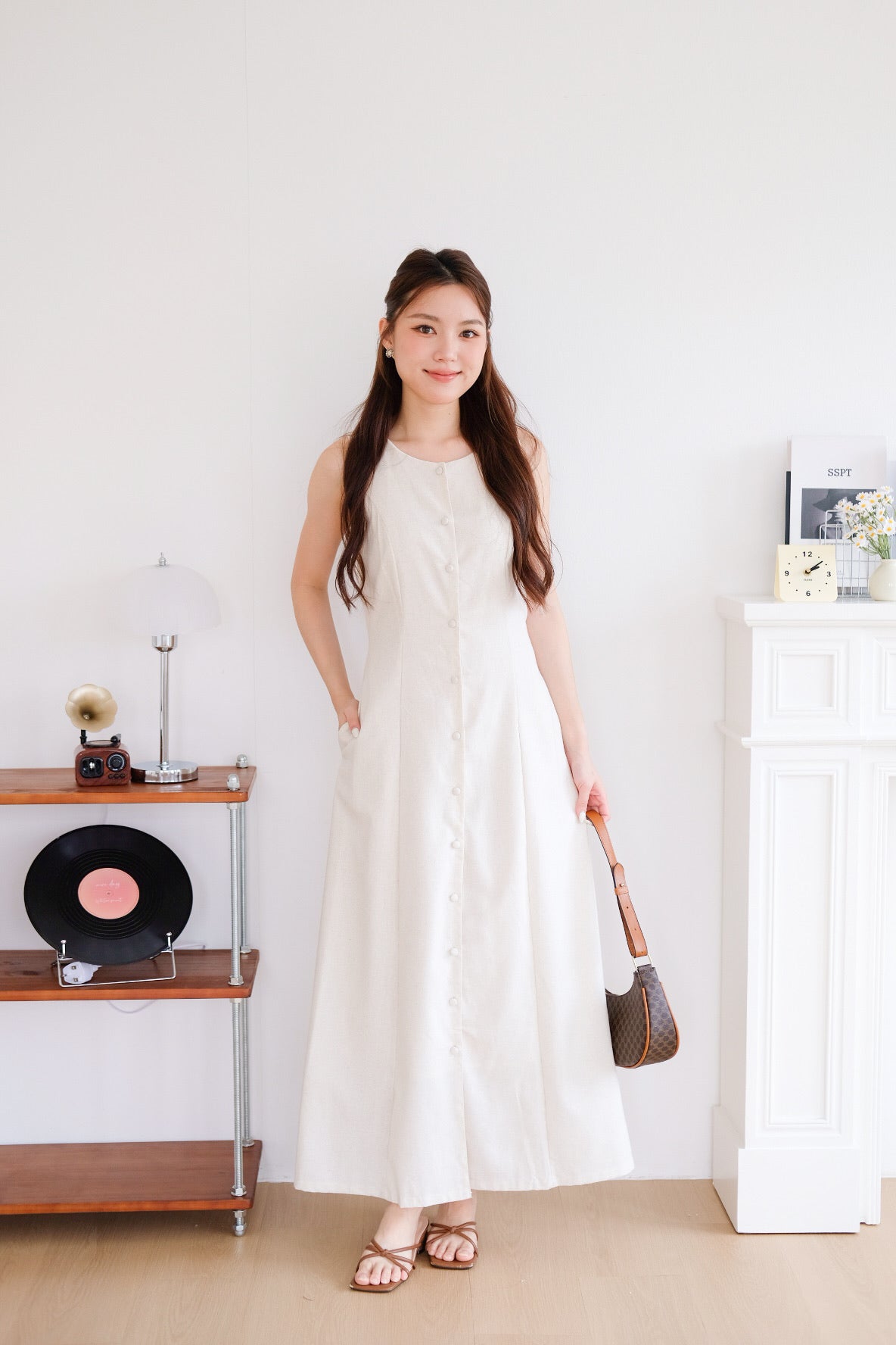 Arlette Button Linen Maxi Dress (Oat Beige)