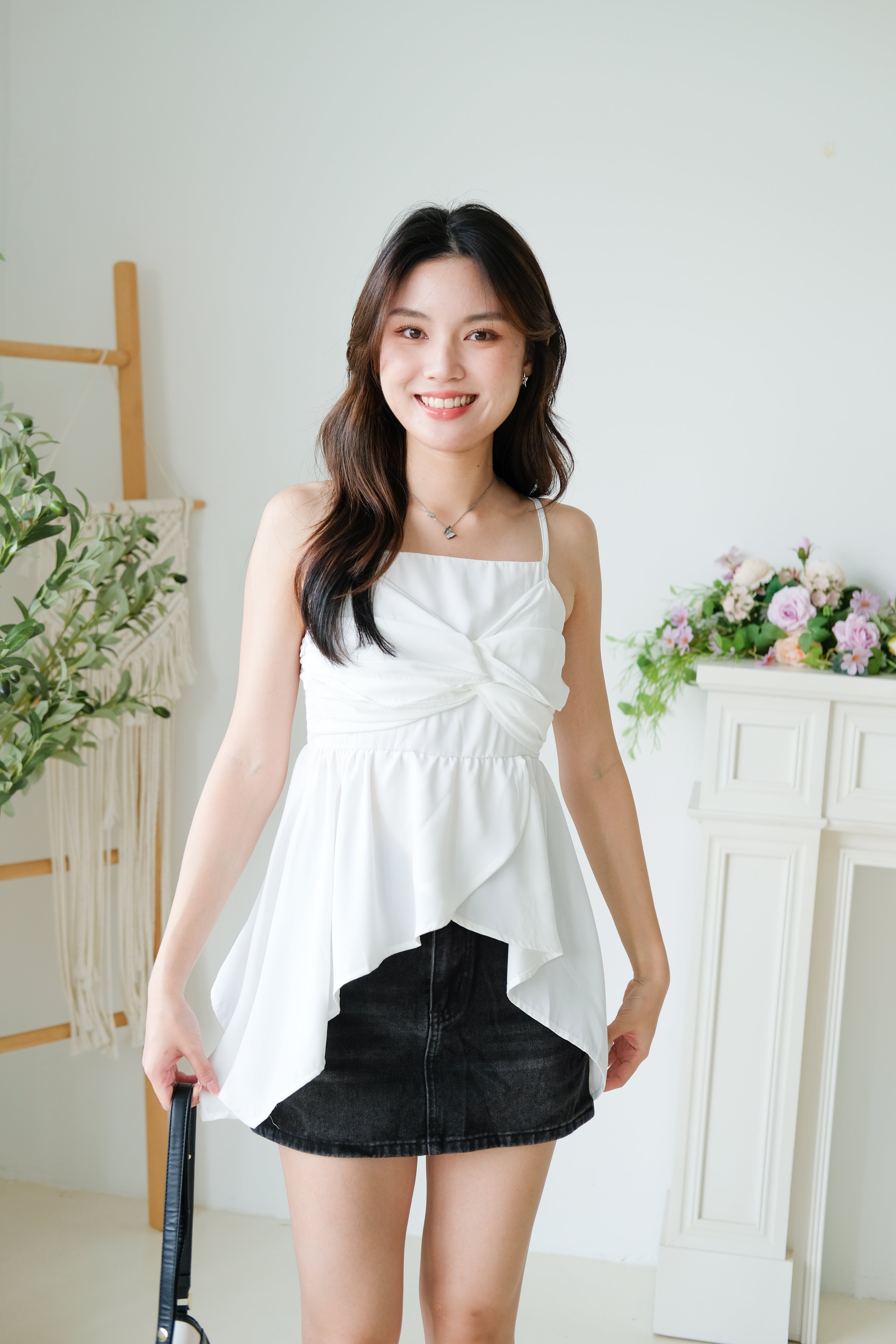 Natalie Twist Ruffle Asymmetrical Top (White)