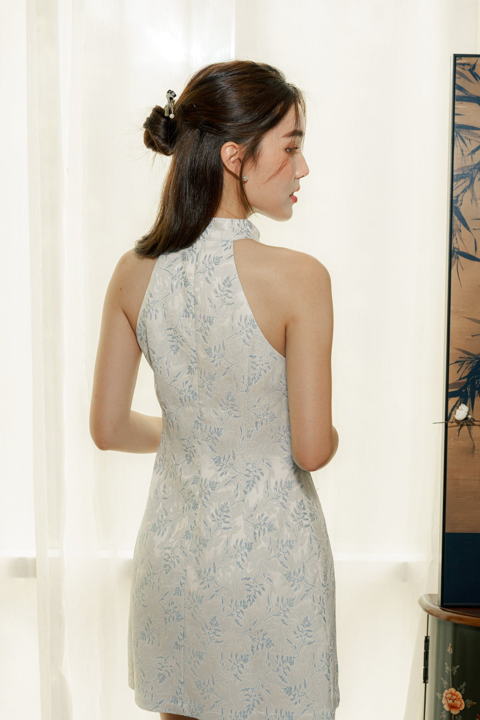 永夜星河 Twilight Halter Slit Cheongsam Dress (Sky Blue)