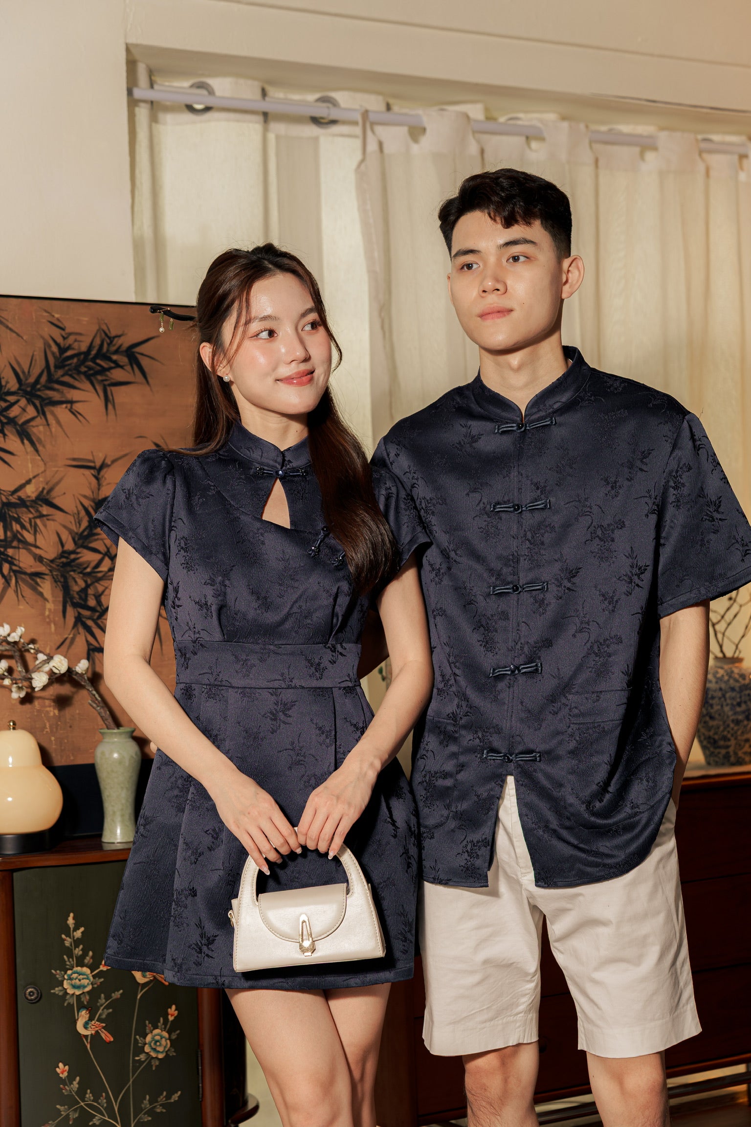 墨雨云间 Moonmist Sleeved Cheongsam Dress (Navy Blue)