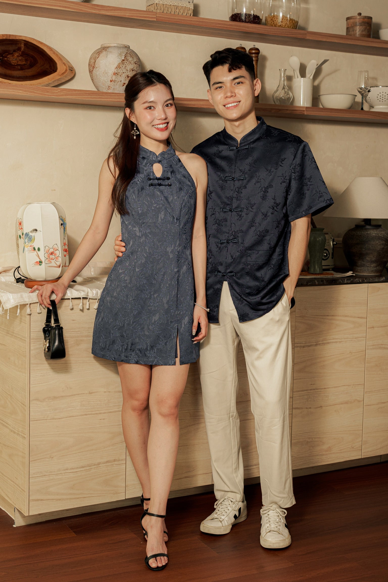 永夜星河 Twilight Halter Slit Cheongsam Dress (Navy Blue)