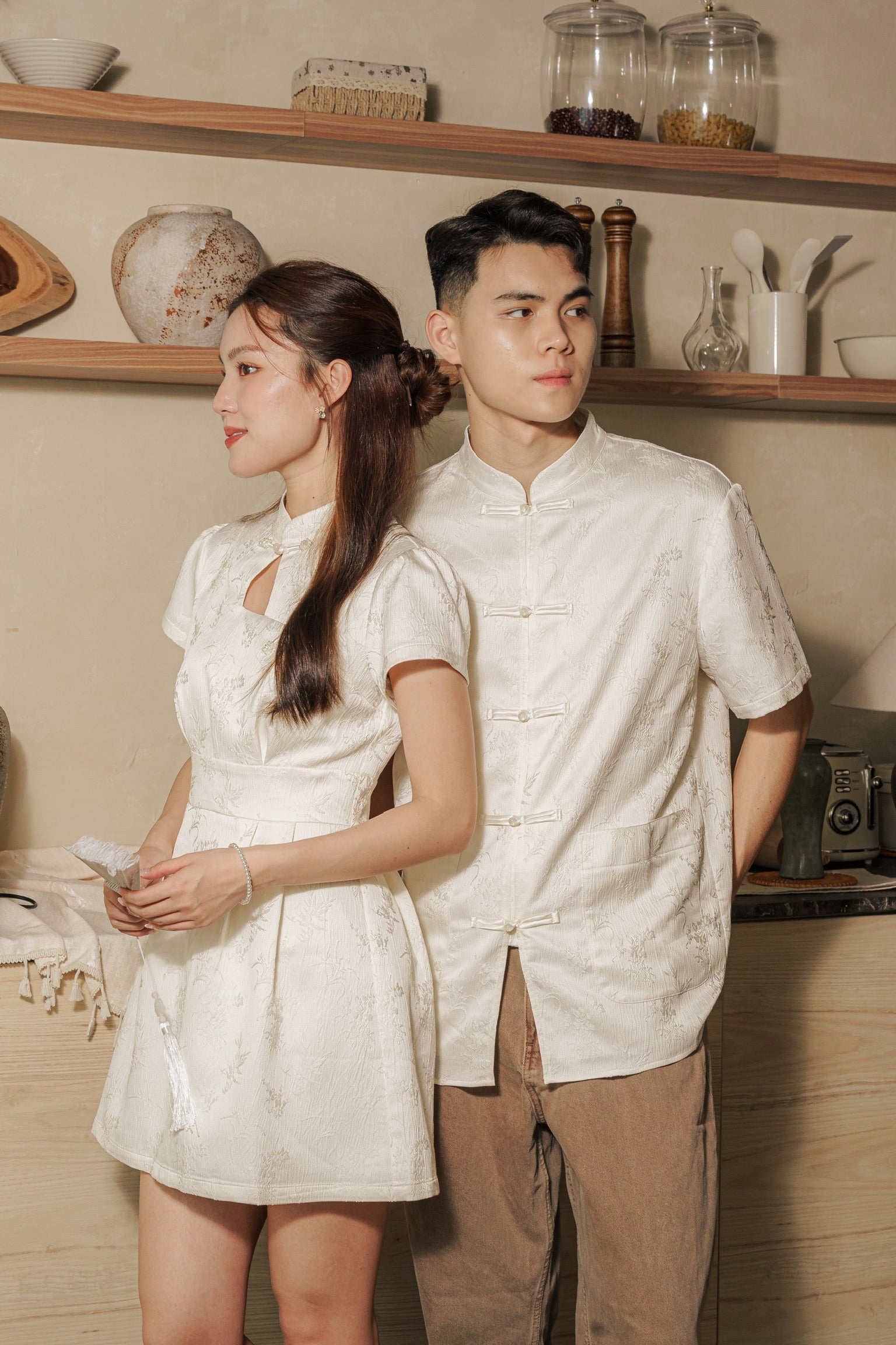 墨雨云间 Moonmist Sleeved Cheongsam Dress (Cream)