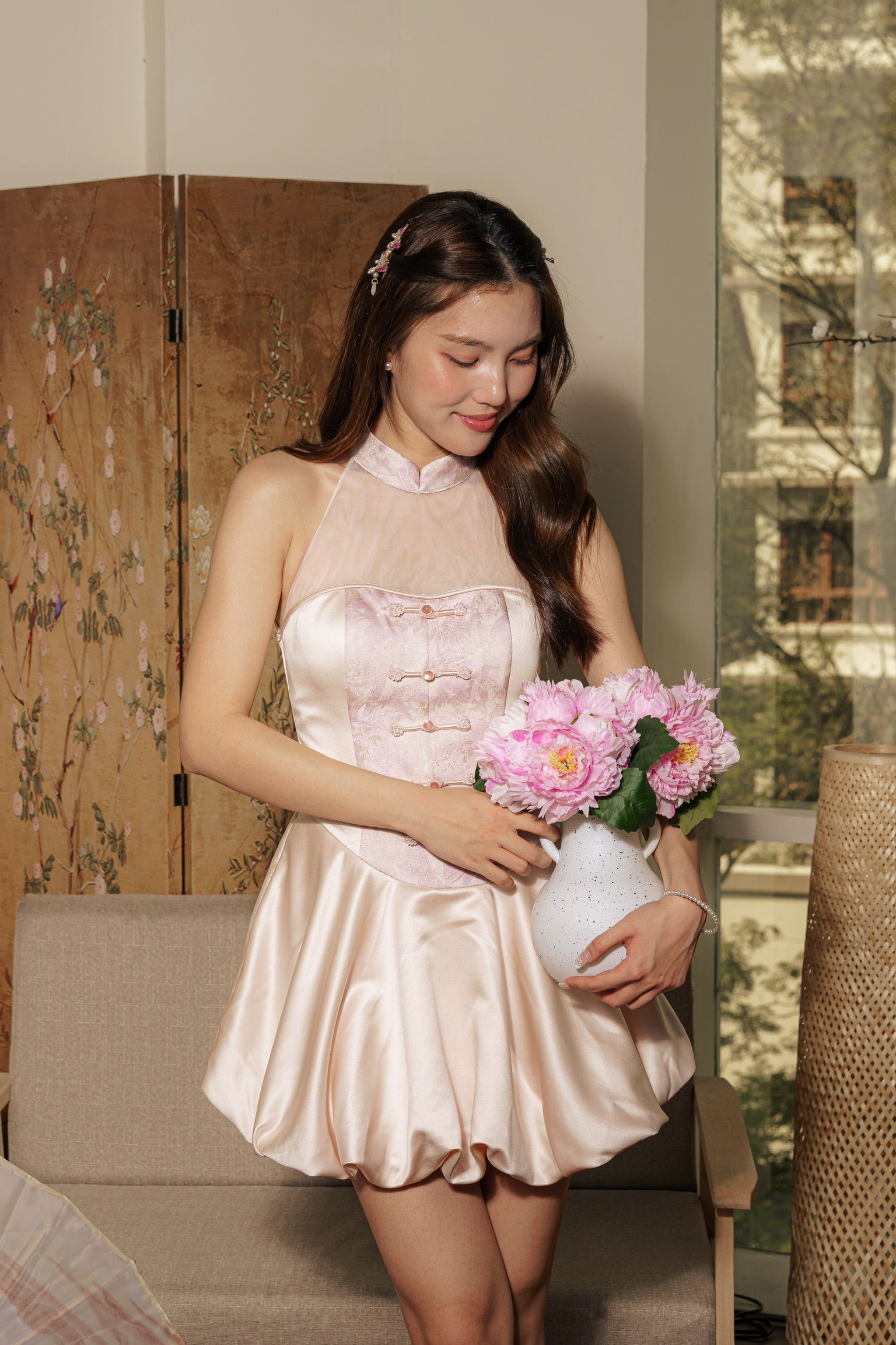 众星捧月 Stellar Halter Bubble Cheongsam Dress (Lilac Pale Pink)