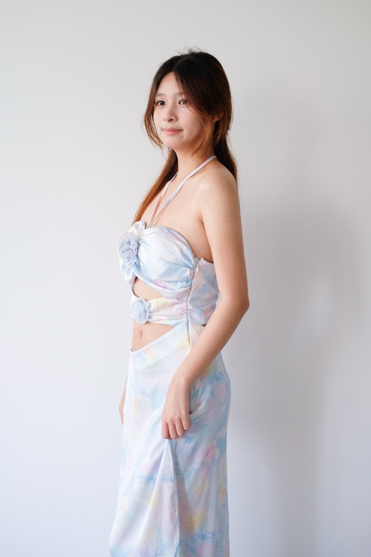 Blue Floral Waist Cut-Out Rose Halter Maxi Dress