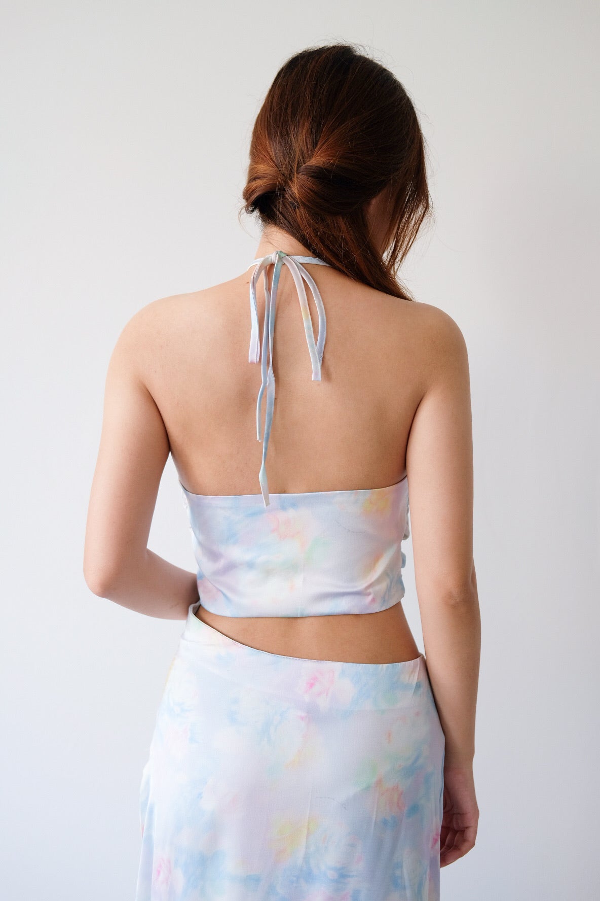 Blue Floral Waist Cut-Out Rose Halter Maxi Dress