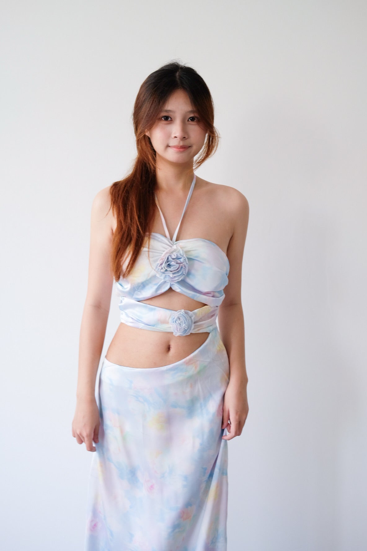 Blue Floral Waist Cut-Out Rose Halter Maxi Dress