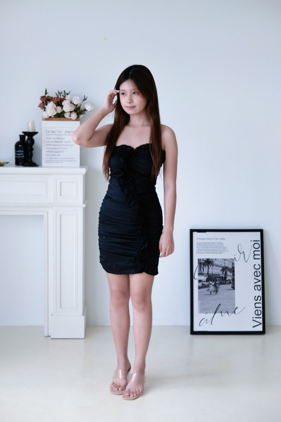 Black Ruched Strapless Bodycon Dress