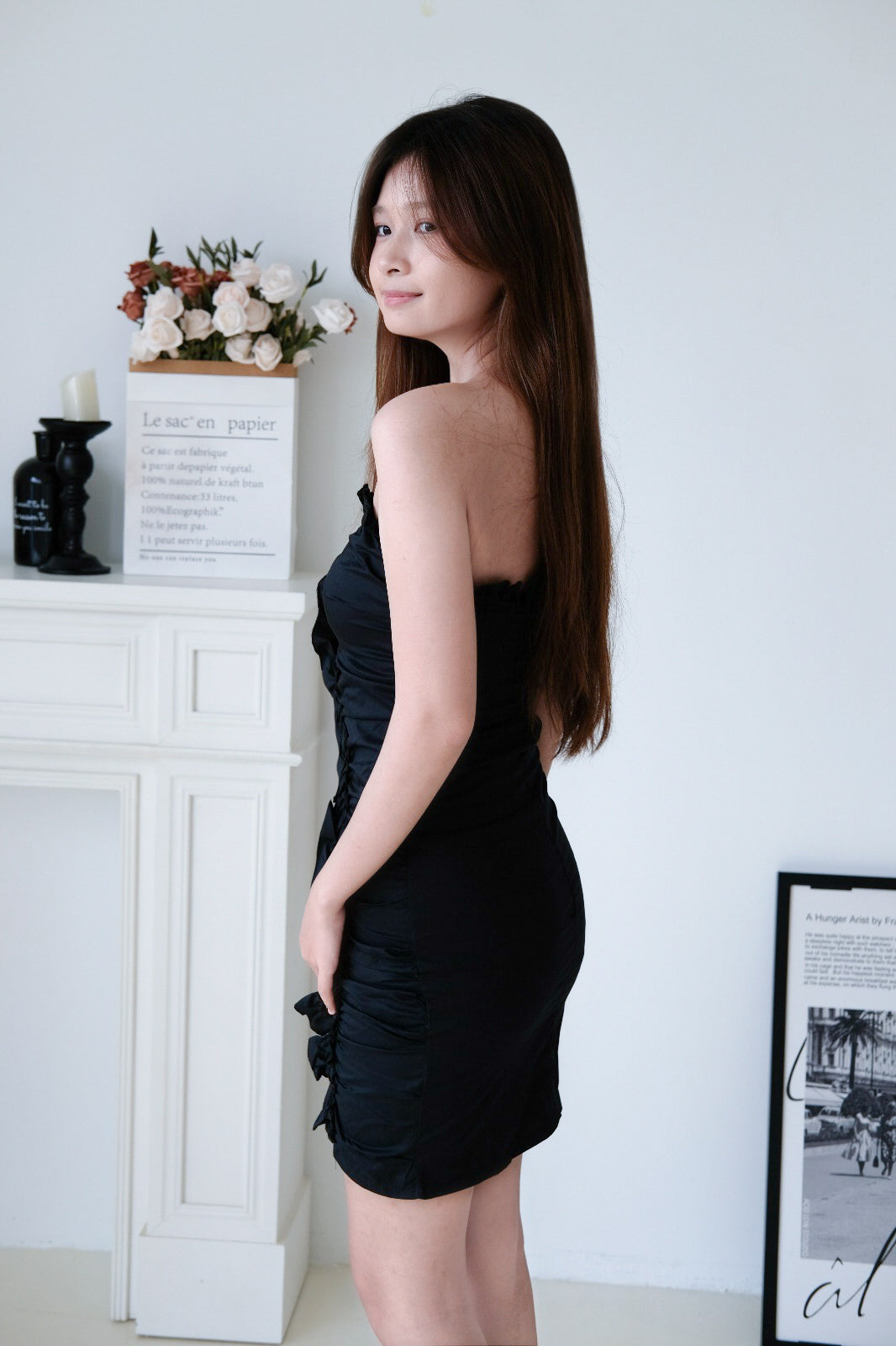 Black Ruched Strapless Bodycon Dress