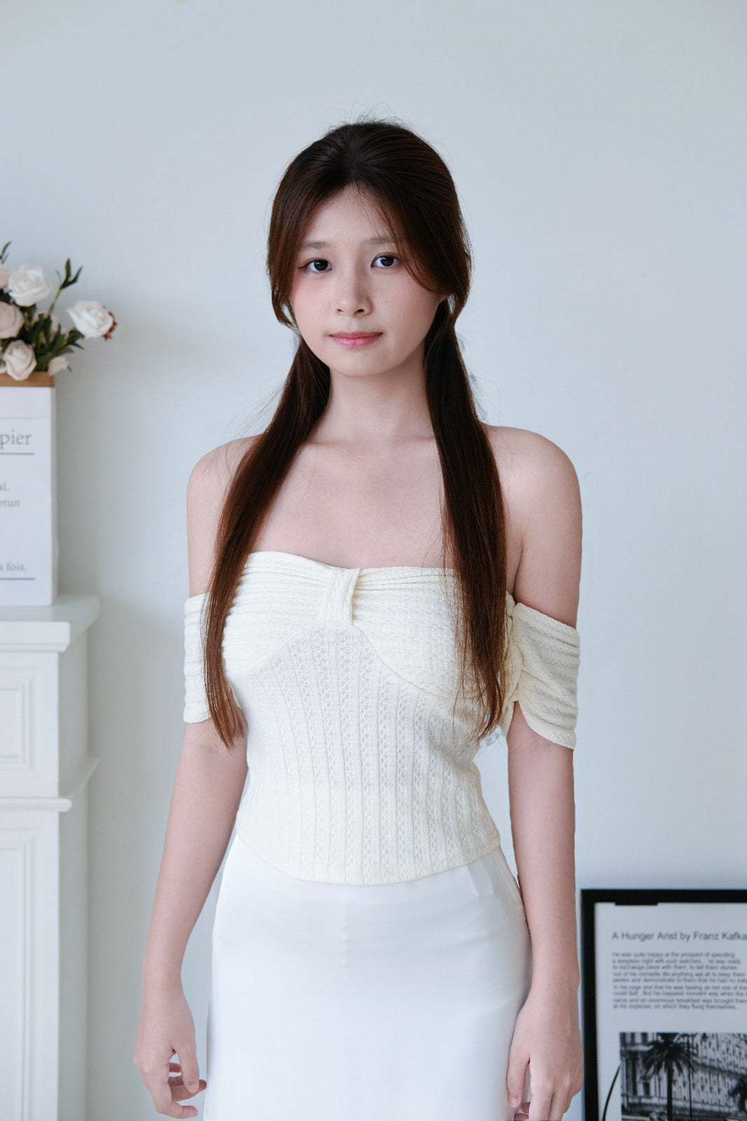Ivory Off-Shoulder Ribbed Knit Top