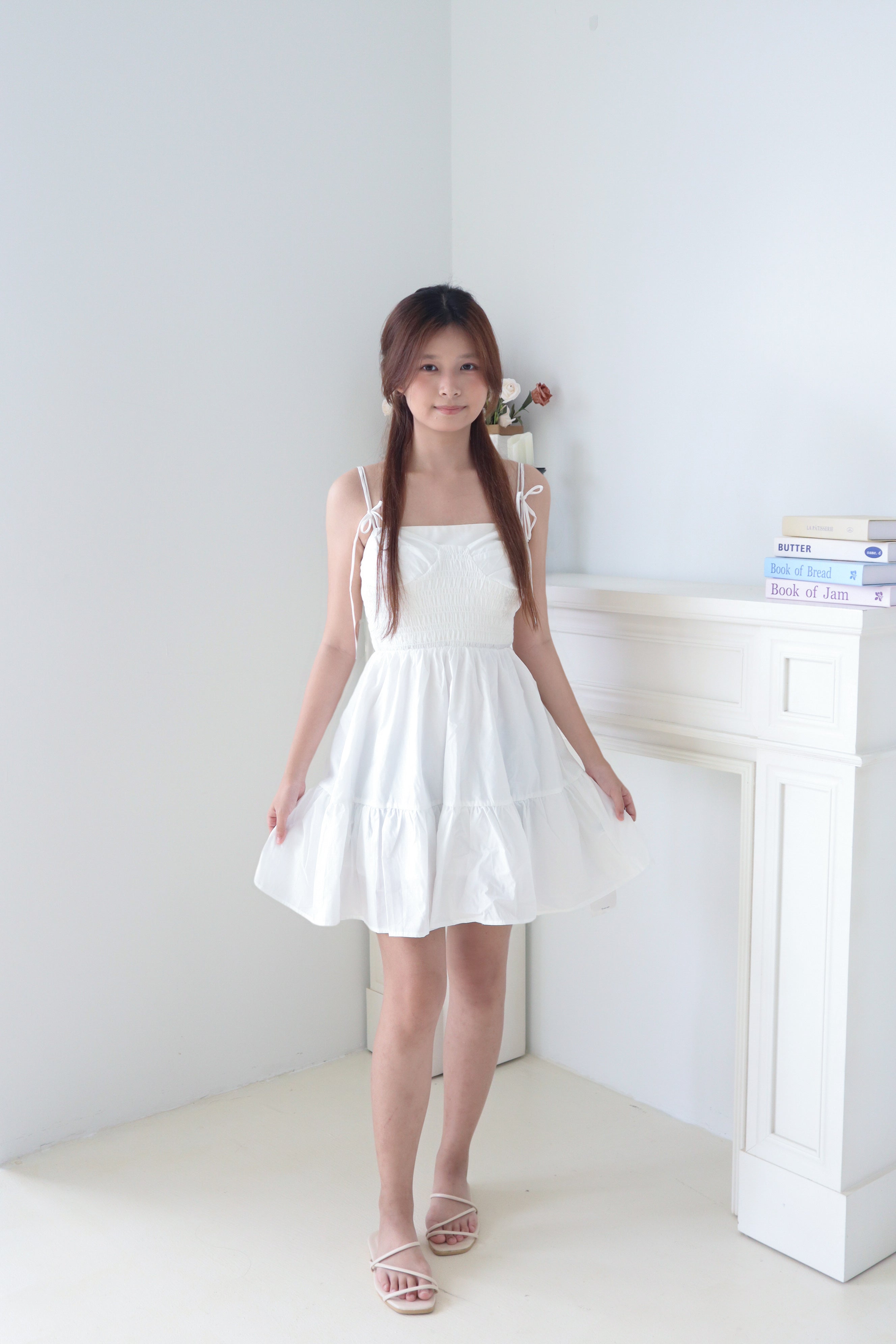 White Smocked Tie-Strap Tiered Dress
