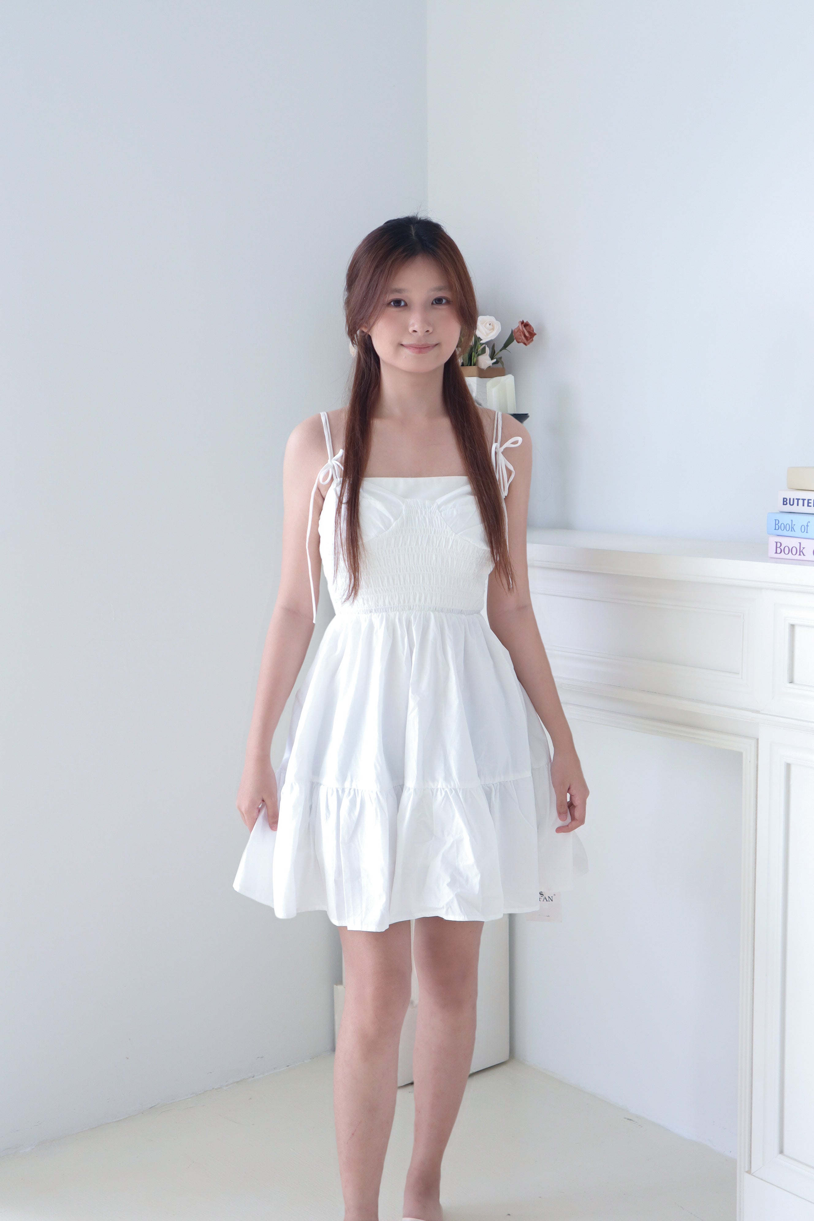 White Smocked Tie-Strap Tiered Dress
