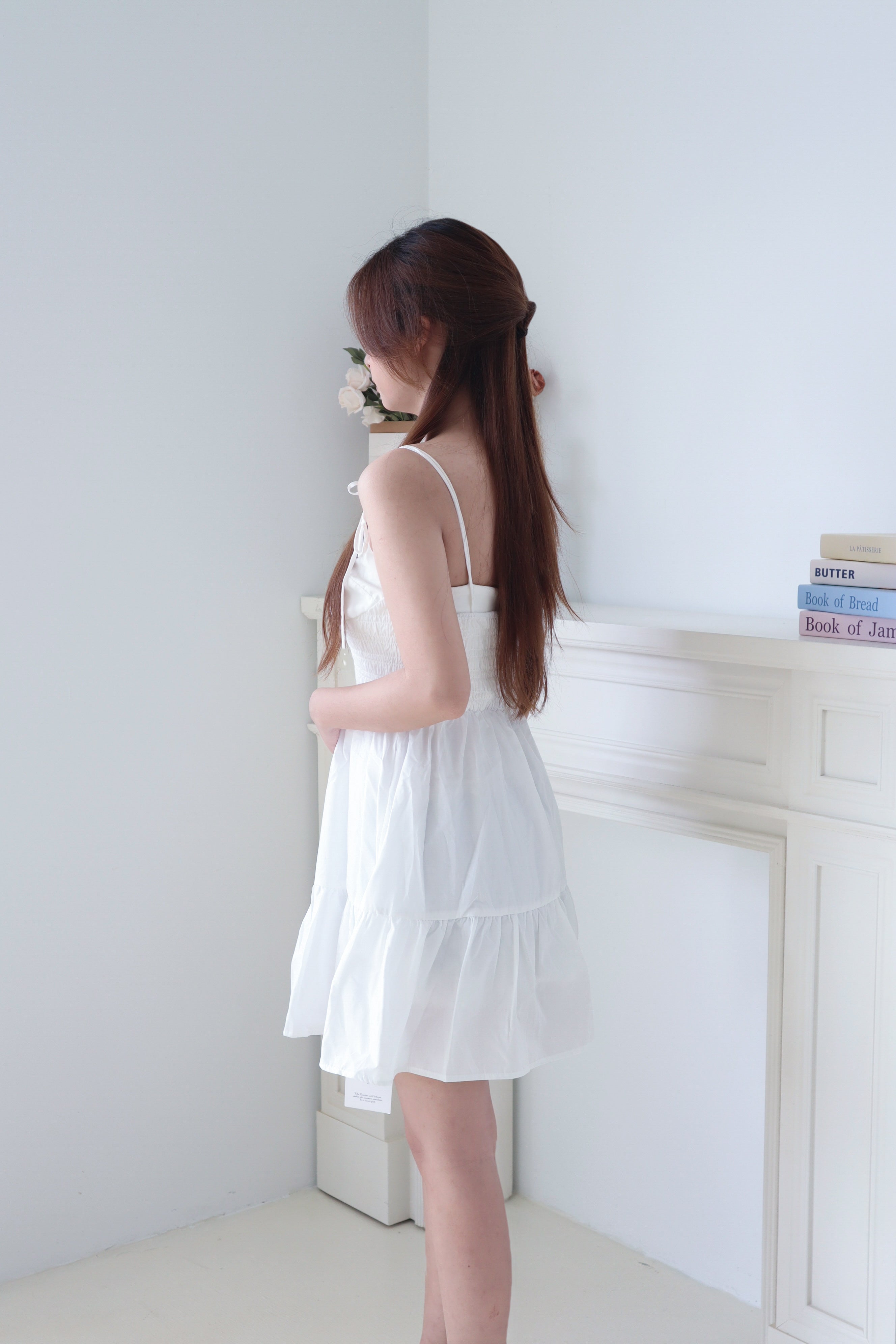 White Smocked Tie-Strap Tiered Dress