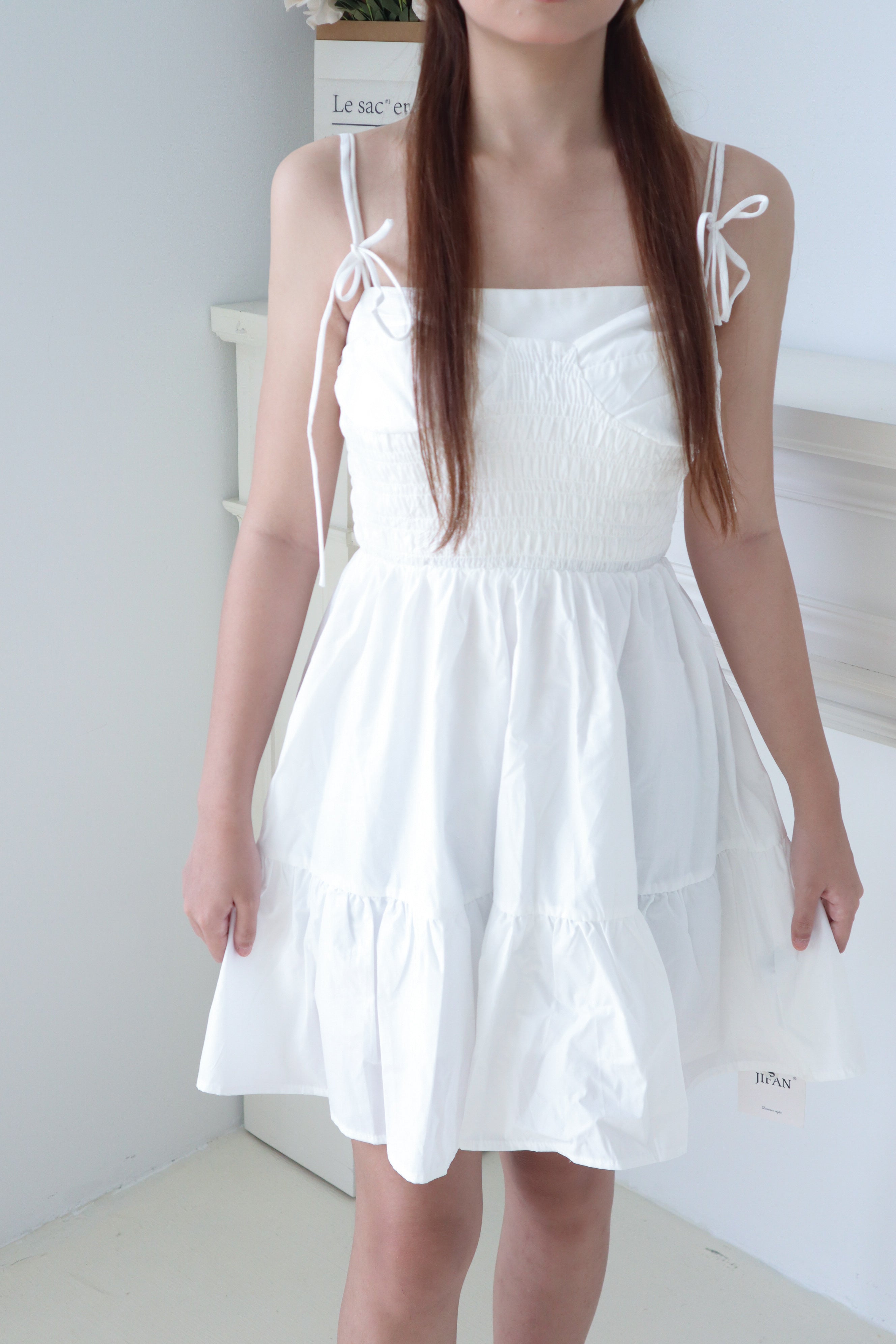 White Smocked Tie-Strap Tiered Dress