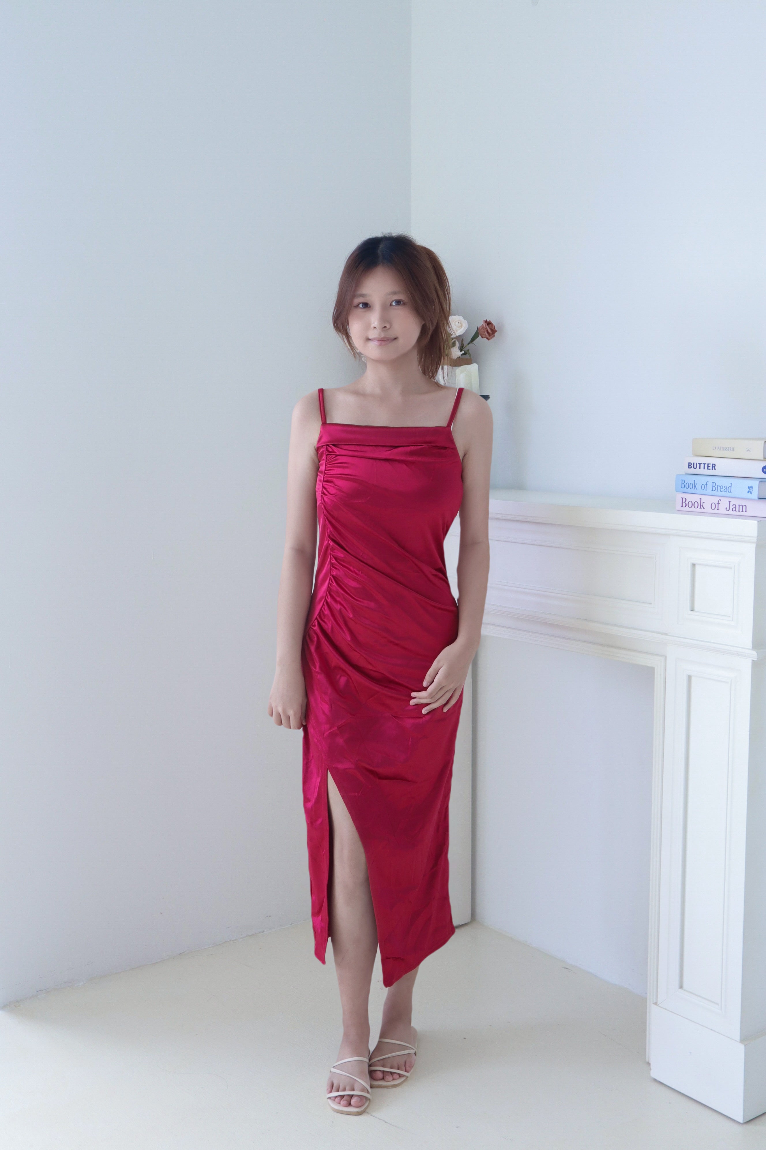 Red Satin Ruched Strap Slit Dress